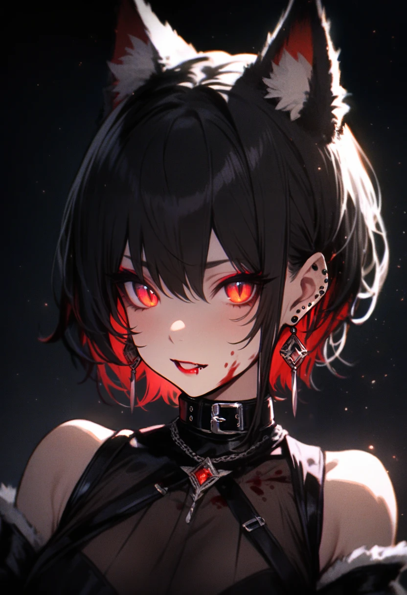 masterpiece, best quality, <lora:RECXL_ANI31_lokr_V43P1NF:0.95> 1girl, animal ears, solo, jewelry, earrings, black hair, extra ears, ear piercing, looking at viewer, blood, gloves, red eyes, black background, black gloves, piercing, short hair, portrait, cat ears, animal ear fluff, parted lips, collar, simple background, head tilt, hair between eyes, black theme, teeth, makeup, colored inner hair, slit pupils, glowing, red lips, blood on face, upper body, open mouth