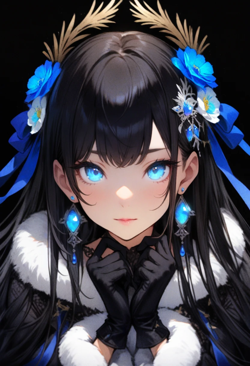 masterpiece, best quality, <lora:RECXL_ANI31_lokr_V43P1NF:0.95> 1girl, solo, blue eyes, gloves, black hair, jewelry, looking at viewer, black gloves, earrings, long hair, hands up, hair ornament, black background, closed mouth, fur trim, flower, lips, portrait, upper body, ribbon, blue ribbon, hair flower, blue flower, straight-on