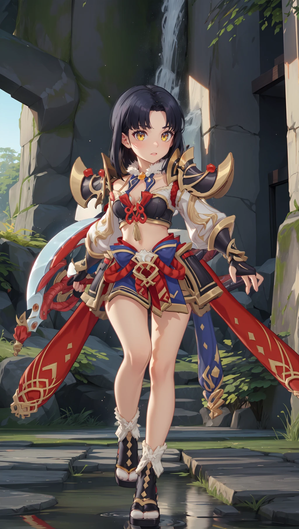 rom_amaterasu,
(masterpiece, best quality, beautiful and aesthetic:1.3), full body, 1girl, blue theme, light smile,  solo, standing, looking at viewer, blurry, depth of field, (holding weapon),enchanted armor,ancient,intricate details,expressive drips,(energetic movement),(sense of depth),glowing aura,in the depths of a gloomy dungeon,illuminated by divine light,(perfect lighting), reflection light, dreamy, shiny skin, beautiful face, beautiful eyes, extreme detailed, official art, professional illustration, hires,
<lora:rom_amaterasu-10:0.8>, <lora:add_detail:0.5>