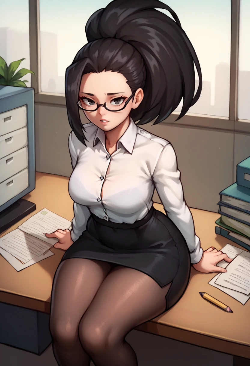 score_9, score_8_up, score_7_up, solo, 1girl, ya0yorozudef, parted lips, looking at viewer, sitting on table, high ponytail, wide ponytail, black eyes, glasses, office lady, white shirt, collared shirt, long sleeves, black skirt, pencil skirt, black pantyhose, indoors, office <lora:mha_yaoyorozu_ponyXL:1>