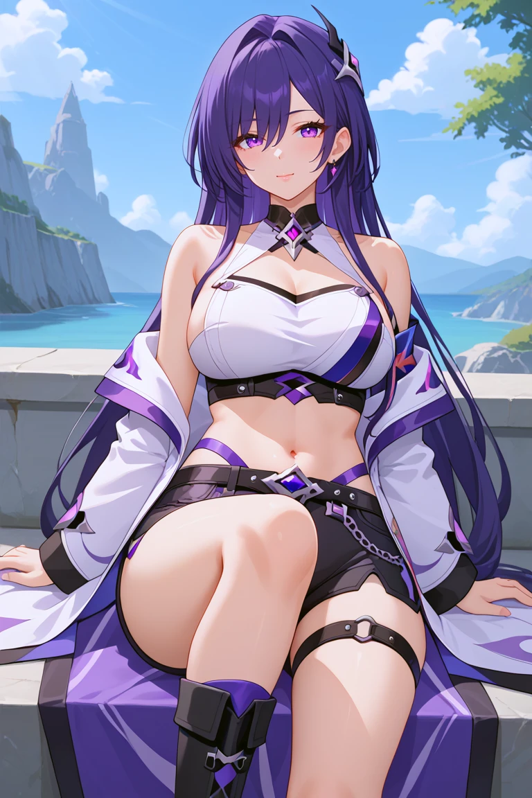 masterpiece,high quality,anime_source,score_9,acheron,AcheronBren,1girl,long hair,purple hair,mature female,purple eyes,bare shoulders,bare_midriff,single boot, shorts shorts, black shorts, crop top, beautiful eyes, tall female, single boot, high_heels_boots, thigh belt, single boot, white jacket, large thigs, sitting<lora:EMS-384508-EMS:0.200000>, <lora:EMS-426202-EMS:0.700000>