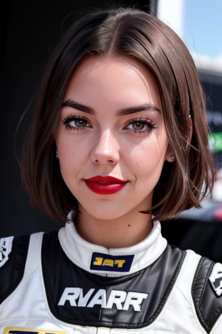 samboss-2844, ((detailed skin, detailed face,detailed eyes, beautiful eyes)), ((red lipstick, eyeliner, eye shadow, blush)),
, photo of a woman, ((short hair, nascar uniform, nascar outfit, race track, outdoors))