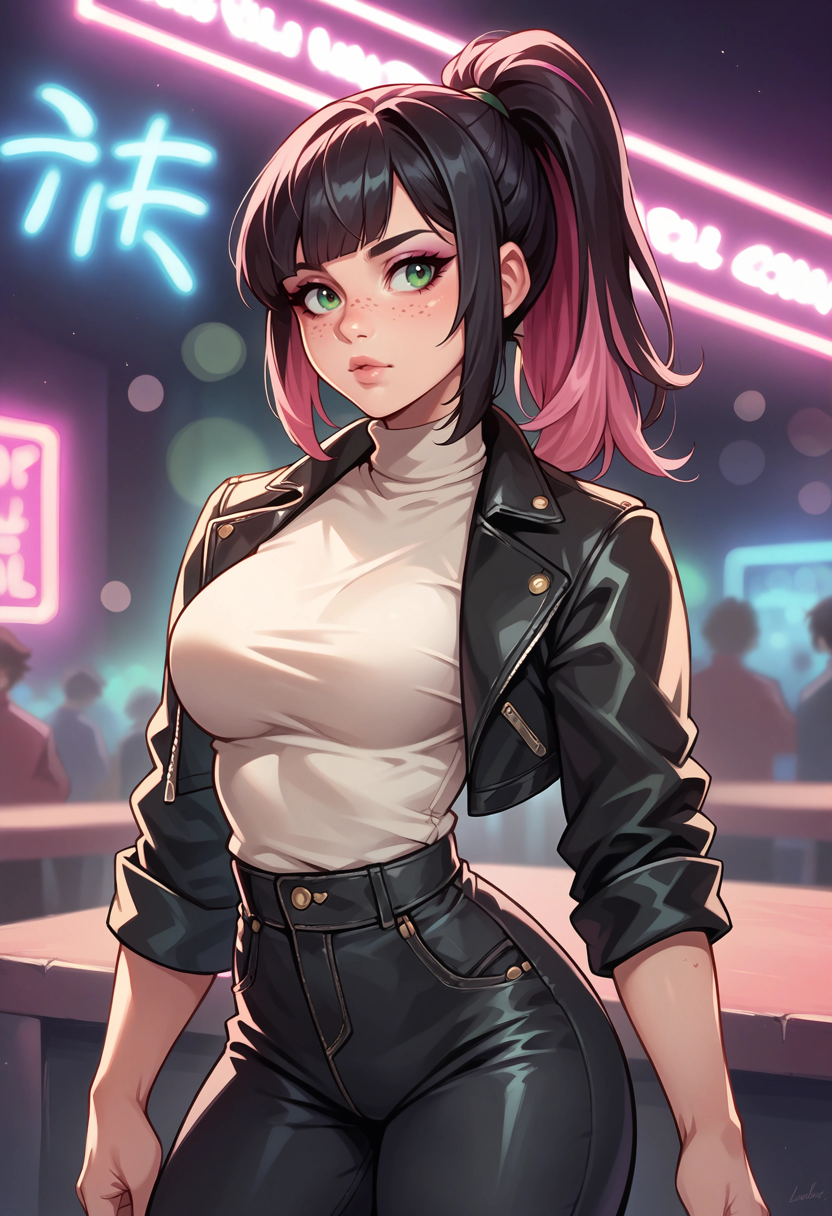 score_9, score_8_up, score_7_up BREAK solo, 1girl, cowboy shot, nightclub, neon lights, bokeh, depth of field, black hair, pink dyed hair, ponytail, bangs, green eyes, freckles, makeup, leather jacket, turtleneck, high waist pants