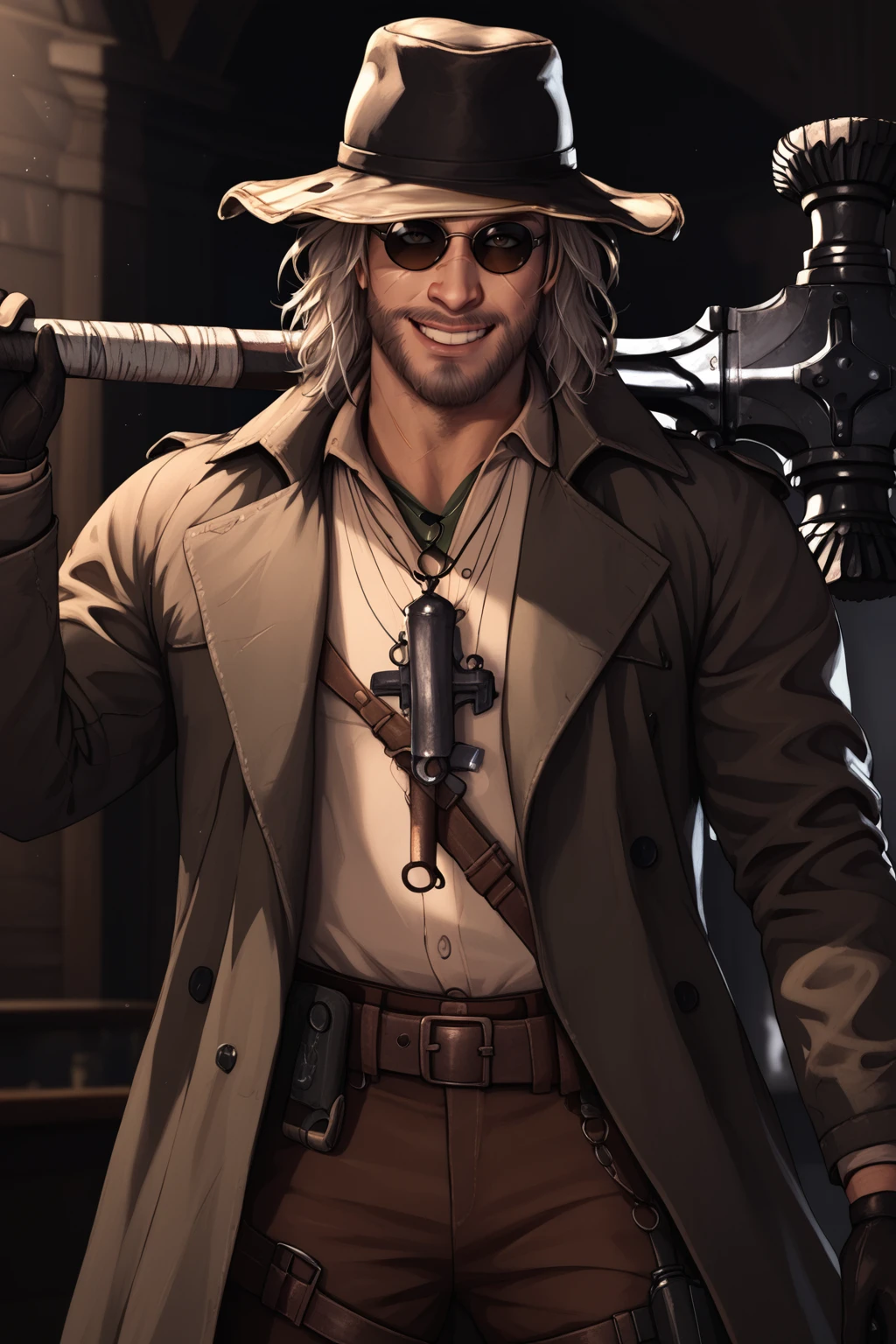 score_9, score_8_up, score_7_up, masterpiece, high quality, BREAK
 <lora:Karl HeisenbergPonyLoRA:1>krlheinbrg, long hair, beard, hat, necklace, scar, sunglasses, open coat, collared shirt, gloves, bandolier, belt, pants, weapon over shoulder, holding hammer, old shak, indoors, grin