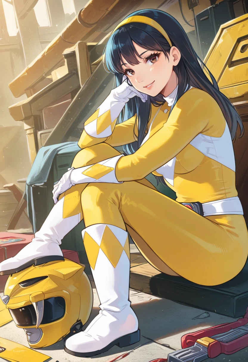 (score_9:0.9),score_8_up,score_7_up,rating_safe,anime style,(zPDXL),<lora:Yellow power rangerponyXL v1:0.84>,yellow bodysuit,yellow power ranger,1girl,solo,long hair,black hair,brown eyes,sitting,smile,yellow hairband,looking at viewer,white boots,white gloves,medium breasts,trini kwan,sitting,from side,yellow motorcycle helmet,(helmet removed),helmet on floor,