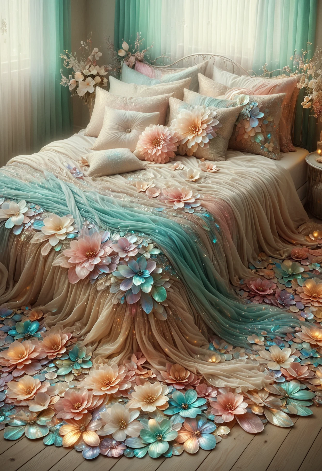 Craft a serene bedroom setting: iridescent petals bed with (fluffy:1.1) pillows, (soft:1.1) ambient lighting, (peaceful:1.2) color palette, (dreamy:1.1) curtains, iridescent petalsdecor, (gentle:1.1) breeze through open window, made out of iridescent flower petals, <lora:PinkieIriFlwrsSDXL-v1:1>, p1nk1r1fl0wers,