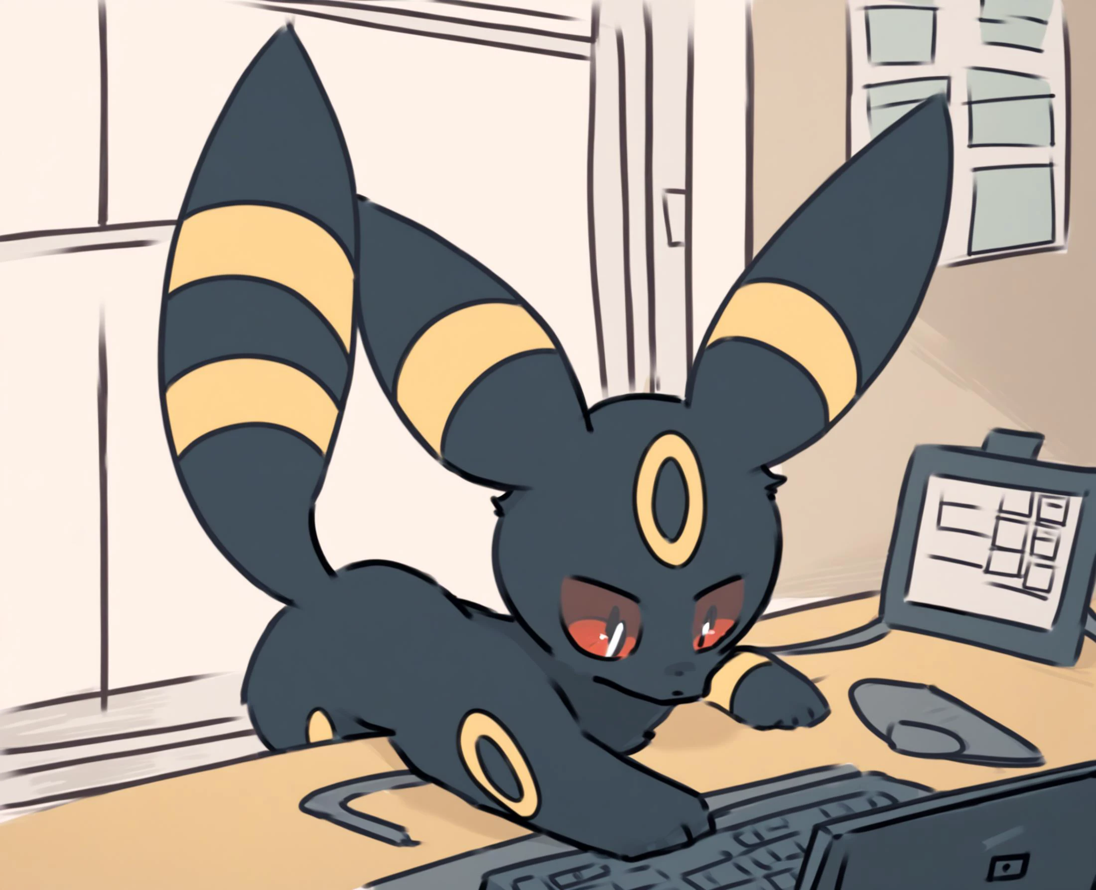 score_9, score_8_up, score_7_up, score_6_up, score_5_up, score_4_up, source_furry, zhou, eeveelution, generation 2 pokemon, pokemon \(species\), umbreon, ambiguous feral, ambiguous gender, black body, black ears, black fur, black tail, feral, fur, inside, multicolored body, multicolored ears, multicolored fur, quadruped, shadow, solo, tablet computer, tail, two tone body, two tone ears, two tone fur, two tone tail, yellow body, yellow ears, yellow fur, yellow tail
<lora:zhou-style_pdxl:1>