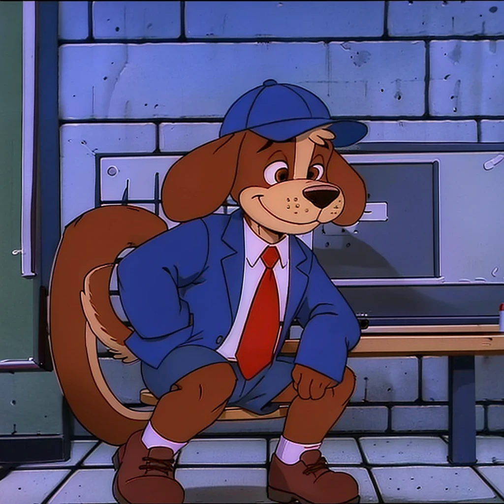 1boy, solo, furry male, dog boy, brown fur, body fur, brown eyes, short hair, long ears, dog nose, tail, school uniform, blue jacket, white collared shirt, red necktie, long sleeves, blue baseball cap, blue shorts, brown shoes,
smiling, (portrait),
(classroom background), (best quality), <lora:Eddie Dog City_epoch_17:0.8>