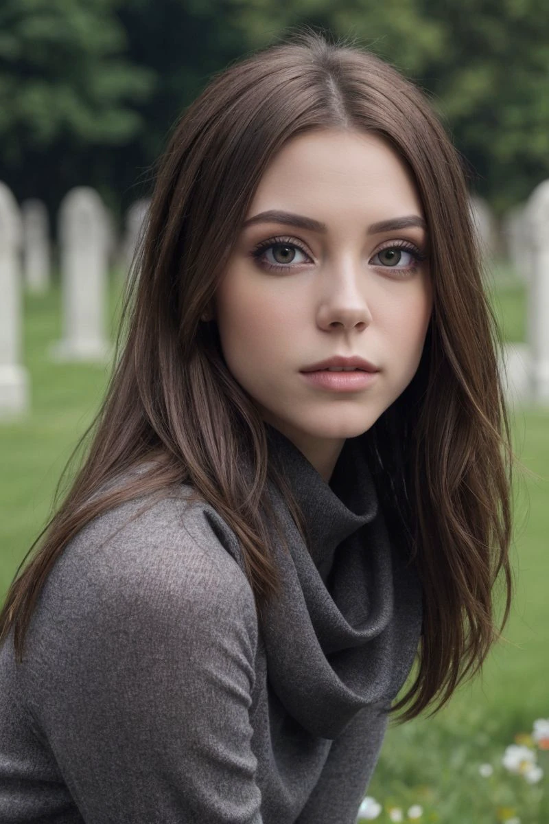 photo of S477_KseniaKokoreva,a stunning woman,in a (burial ground:1.1),wearing a (cowlneck),(leggings),(4k, RAW photo, best quality, 50mm, depth of field, ultra high res:1.1),(intricate, photorealistic, cinematic-shot, masterpiece, ultra-detailed:1.1),