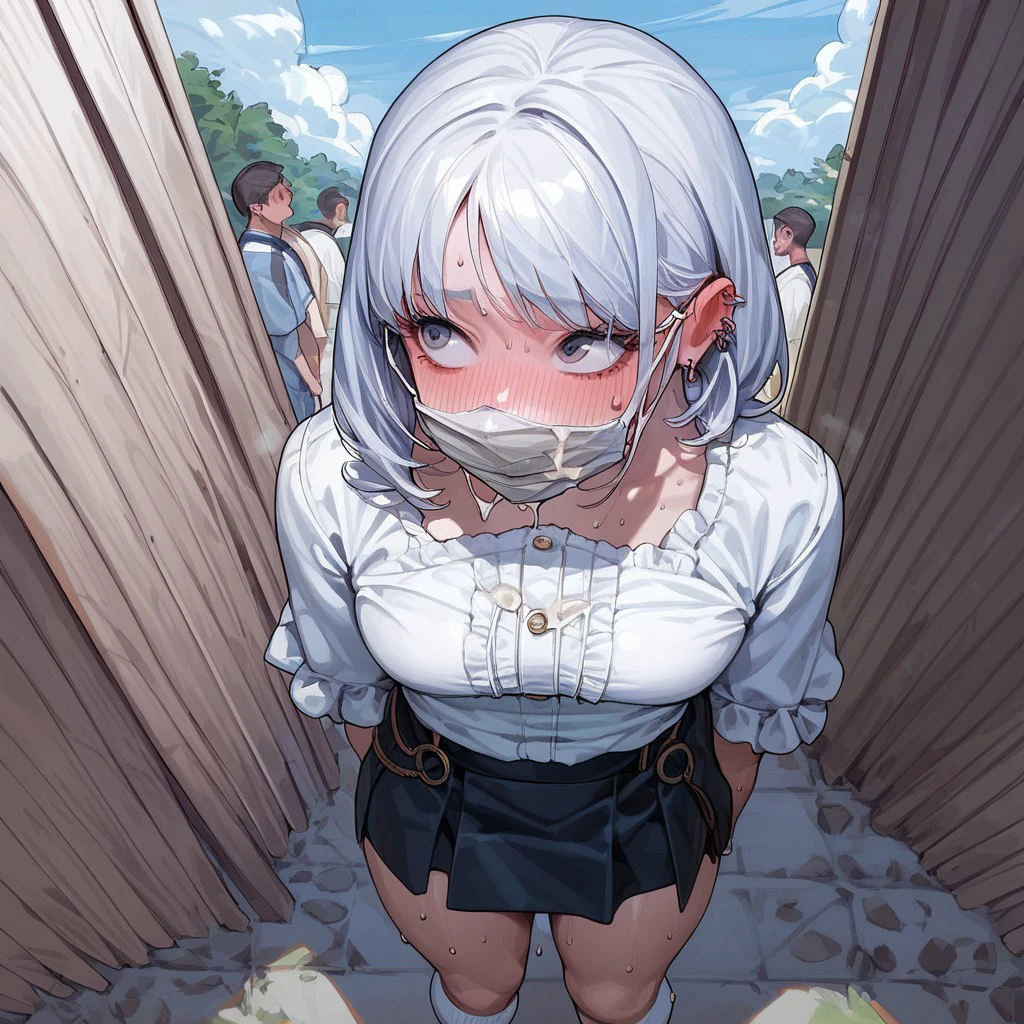 score_9, score_8_up, score_7_up, score_6_up,anime,anime style,cum mask, white face mask , outside, busy park,people in background,view from above,nervous,flustered face, white blouse,short skirt,knee socks, sweating, looking away