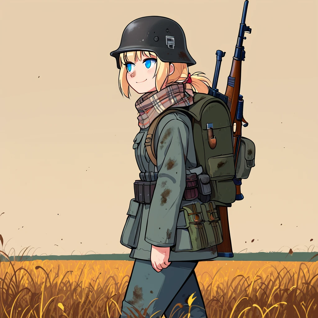 score_9, score_8_up, score_8_up,raw,
1girl, solo, (nsfw), walking, full shot, from side, blonde hair, (dim blue eyes, nose, slight smile), petite, dirty,
grey uniform, grey military uniform, ammunition pouch, grey helmet, scarf, backpack, (rifle:1.4),
orange field, scenic background, volumetric lighting,
p4st3lg0r3, n30nc4t, wehr, <lora:p4st3lg0r3XLP:0.55>, <lora:n30nc4tXLP:0.35>, <lora:age_slider_v4:-1>, <lora:Wehrmacht_And_Officers__World_War_2:1>