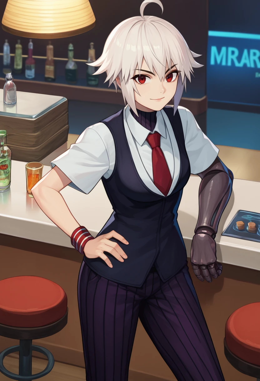 score_9, score_8_up, score_7_up, source_anime, solo, 1girl, dana zane, mechanical arms, single mechanical arm, smile, looking at viewer, standing, hand on own hip, white hair, ahoge, black vest, white shirt, collared shirt, red necktie, short sleeves, black pants, vertical-striped pants, wristband, indoors, bar \(place\) <lora:va-11ha11a_danazane_ponyXL-000010:1>