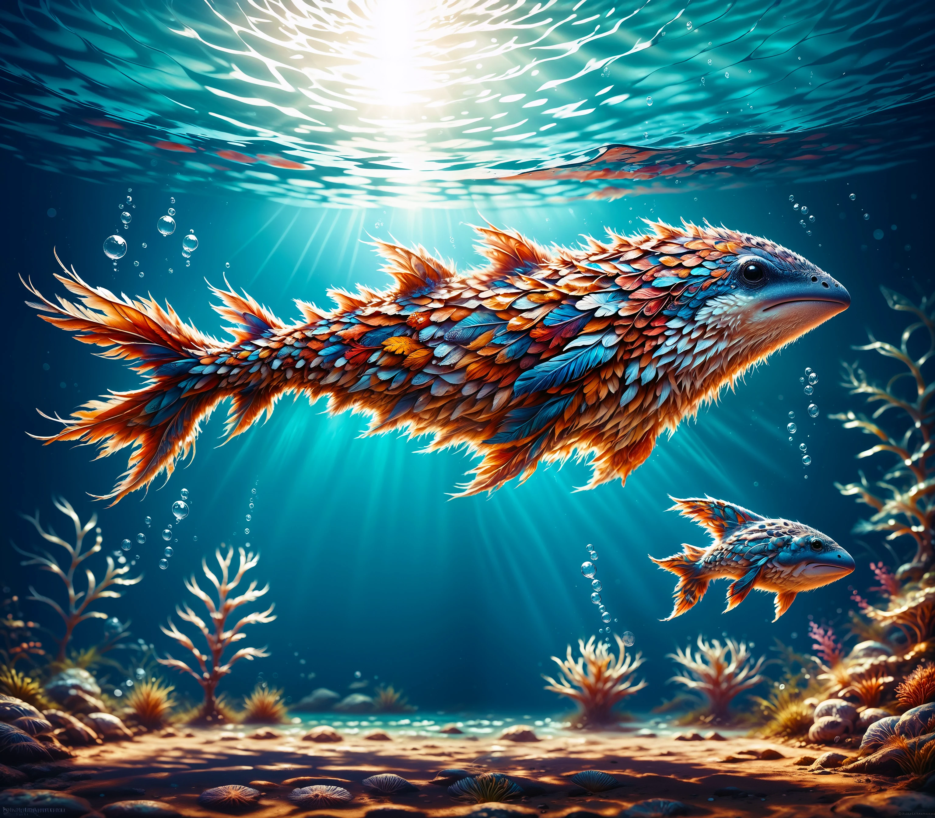 score_9, score_8_up, score_7_up,

f347h3r5, a dolphin is made entirely of colorful feathers, sharp detail, school of fish, plants, corals,

underwater, sunlight, sunrays, 