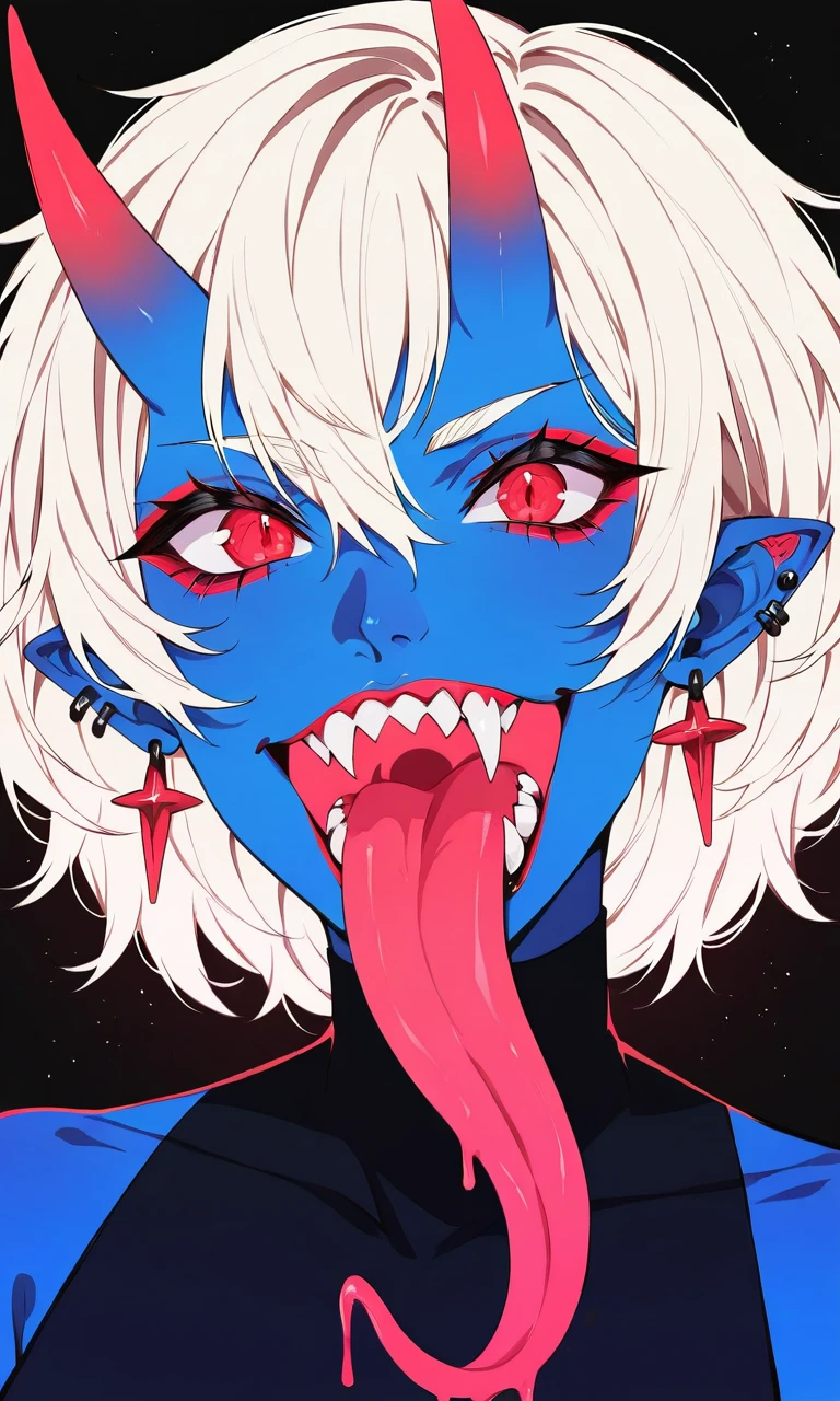 score_9, score_8_up, score_7_up, well drawn, (vivid colors, saturated colors:1.1), immaculate, highly detailed, intricate, masterpiece, rating_safe,
1girl, solo, soukaku, demon girl, (colored skin:1.1), (blue skin:1.1), oni horns, white hair, short hair, red eyes, pointy ears, ear piercing, Mmouth, open mouth, sharp teeth, colorful tongue, long tongue, Mmouth, open mouth, sharp teeth, colorful tongue, long tongue