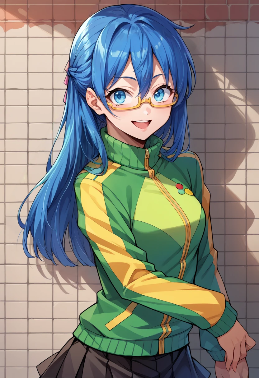 score_9, score_8_up, score_7_up, source_anime, BREAK, solo, 1girl, looking at viewer, smile, <lora:Midori-pdxl_Fp:1>, midoridesu, blue eyes, blue hair, long hair, glasses, <lora:zs_ChieXL:0.8>, green track jacket, badges, black skirt, houndstooth, bike shorts,