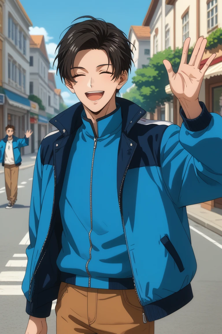 score_9, score_8_up, score_7_up, source_anime, rating_safe, waving hand, lucobey, 1boy, male focus, anime screencap, closed eyes, collared blue jacket, brown pants, wide smile, open mouth, blurry outdoors street, happy, hand with five fingers