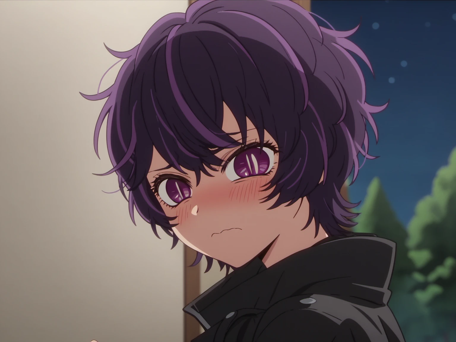 AbikoSamejima, score_10, score_9_up, score_8_up, dark, night, 1girl, short hair, purple hair, streaked hair, messy hair, solo, purple eyes, shy, anime screencap, depth of field,  solo, sparkling eyes, slit pupils, bright pupils, <lora:AbikoSamejima-e10-v2-dadaptation:0.9>,  open clothes, black trenchcoat, shirt, from side, looking at viewer, turned head