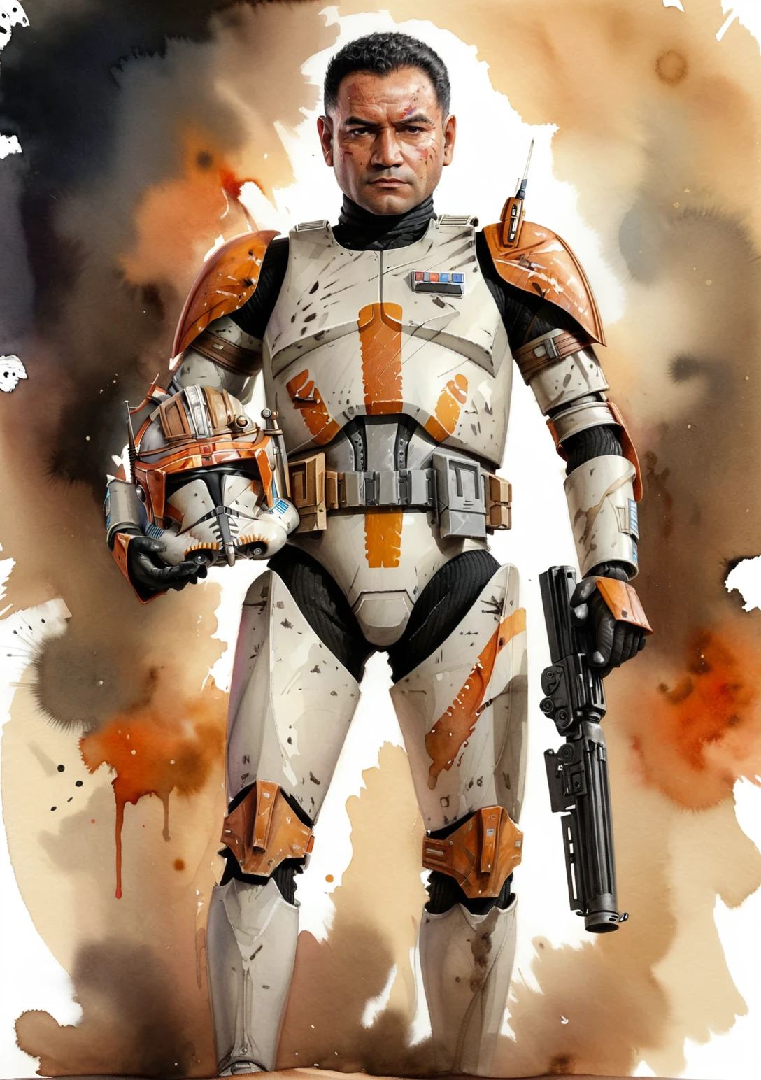 (full body:1.5) watercolor old book style ink illustration of <lora:Clone_Trooper_Cody:1> Clone Trooper Cody portrayed by Temuera Morrison, holding pistols, his face has a serious expression, skin pores, short black hairstyle, pose inspired by Boris Vallejo, brushwork echoing Carne Griffiths, realistic, lifelike, (on parchment, ink splashes, ink stains, ink smears, faded ink:1.3), (futuristic:1.5), futuristic desert background, galaxy, lucasfilms, glass, sun, in the clouds, fractals, sunrise, moody tones, vivid watercolor, mentixis, linquivera, movie poster, star wars vibes, (watercolor style with strong washes:1.2), <lora:watercolor:1.4> watercolor, <lora:ral-wtrclr:0.4> ral-wtrclr