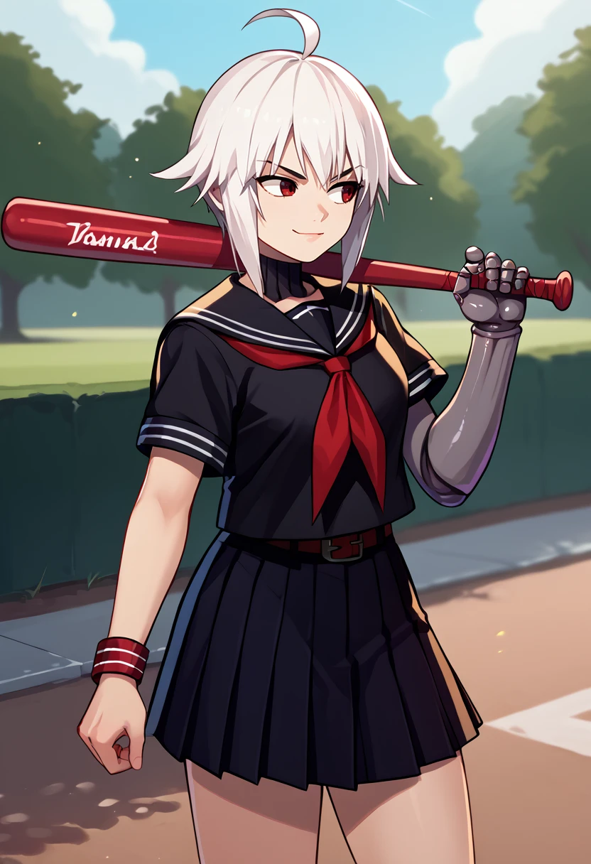score_9, score_8_up, score_7_up, source_anime, solo, 1girl, dana zane, mechanical arms, single mechanical arm, smirk, looking away, standing, weapon over shoulder, holding weapon, holding baseball bat, white hair, ahoge, school uniform, black serafuku, black shirt, black sailor collar, red neckerchief, black skirt, pleated skirt, red belt, outdoors <lora:va-11ha11a_danazane_ponyXL-000010:1> <lora:concept_overshoulder_ponyXL:1>