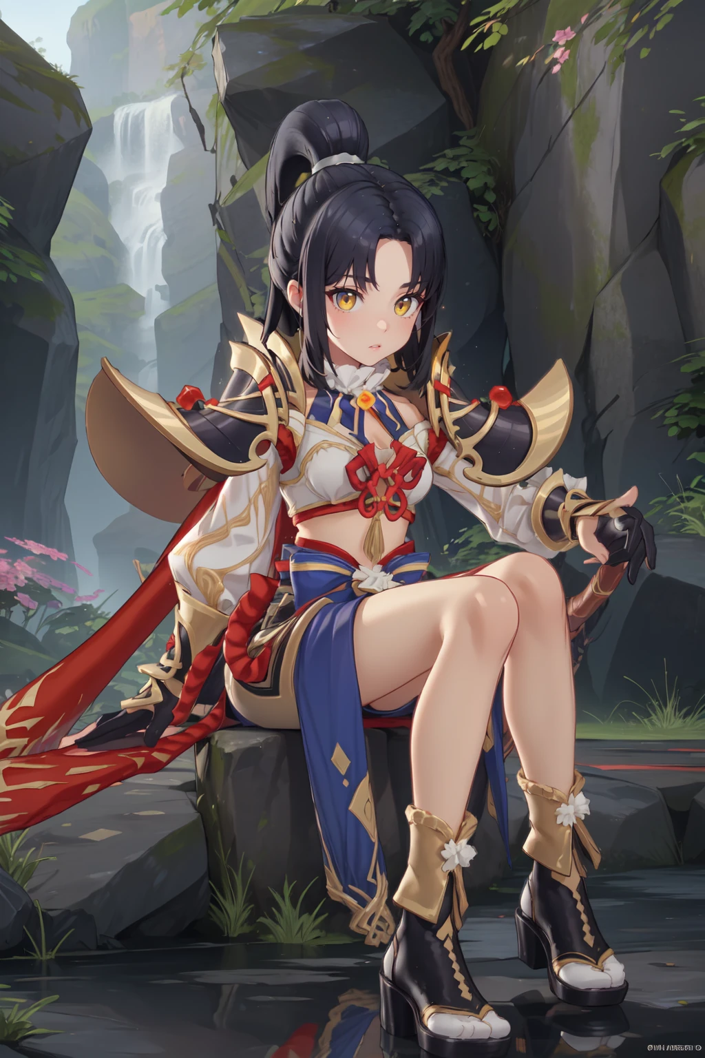 rom_amaterasu,
(masterpiece, best quality, beautiful and aesthetic:1.3), full body, 1girl, blue theme, light smile,  solo, (sitting on a cliff:1.1), looking at viewer, blurry, depth of field, (holding weapon),enchanted armor,ancient,intricate details,expressive drips,(energetic movement),(sense of depth),glowing aura,in the depths of a gloomy dungeon,illuminated by divine light,(perfect lighting), reflection light, dreamy, shiny skin, beautiful face, beautiful eyes, extreme detailed, official art, professional illustration, hires,
<lora:rom_amaterasu-10:0.8>, <lora:add_detail:0.5>