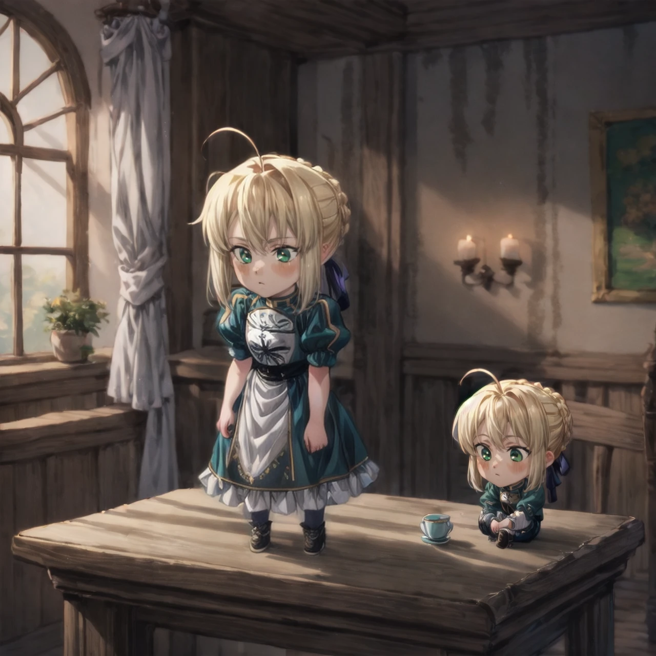 2girls, <lora:chibihangout:0.8>, chibihangout, chibi, size difference, minigirl, indoors, standing on table, tavern, sitting, <lora:saber_v1:0.7>, phSaber, artoria pendragon \(fate\),  blonde hair, green eyes, very detailed, <lora:more_details:0.6>, high quality, highres, masterpiece, best quality, 8k, intricate, detailed, <lora:add_detail:0.6>