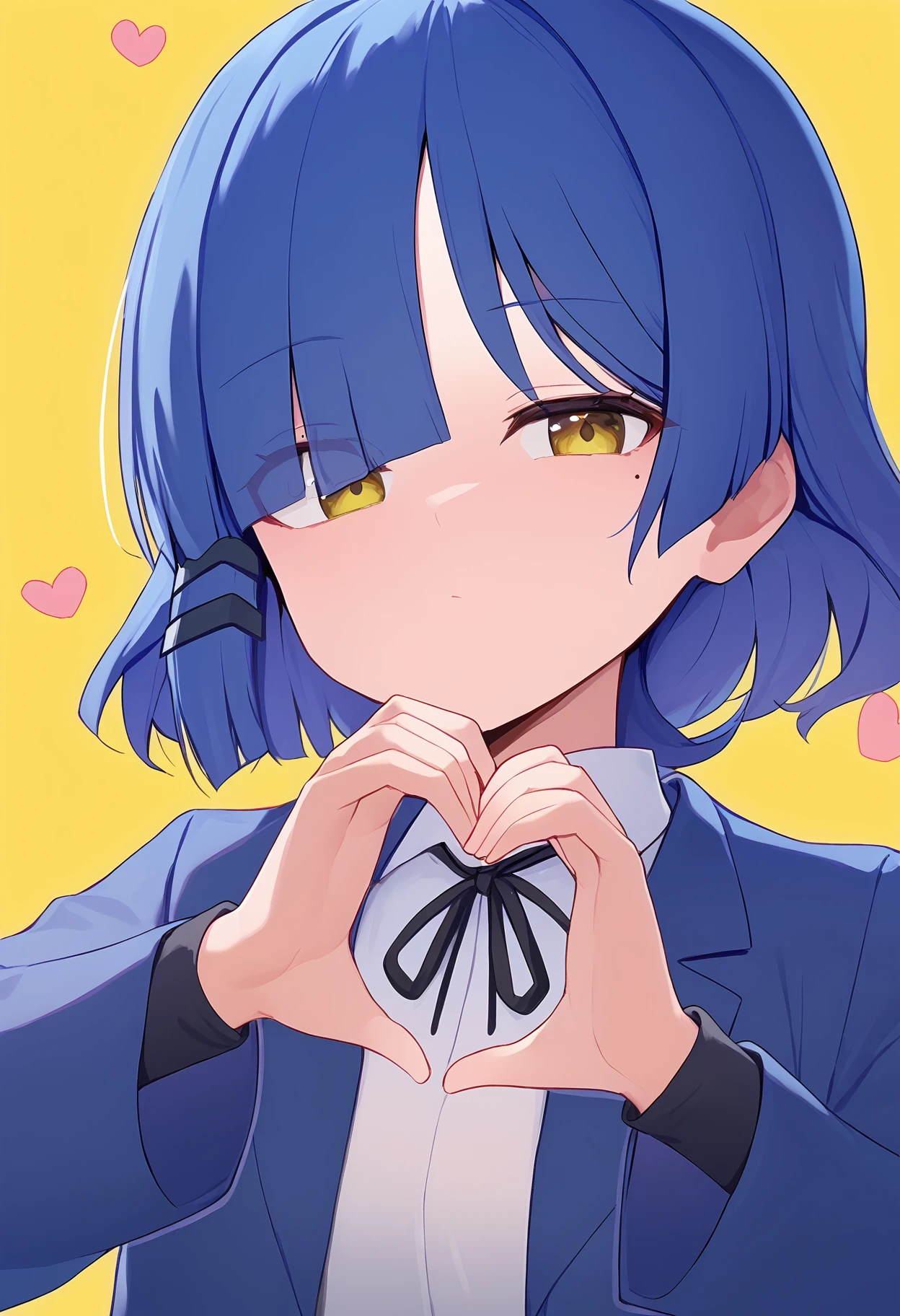 yamada ryo,
mole under eye, school uniform, looking at viewer, short hair, mole, heart hands duo, hair over one eye, collared shirt, yellow eyes, heart hands, blue jacket, neck ribbon, blazer, hand up, jacket, eyes visible through hair, asymmetrical bangs, heart, dress shirt, hairclip, upper body, mole on cheek, white shirt, closed mouth, blue hair, hair ornament, ribbon, yellow background, blunt bangs, light blush, shirt, yellow jacket, expressionless, long sleeves,
score_9, sfw
<lora:pony_char_yamada_ryo-000011:1>