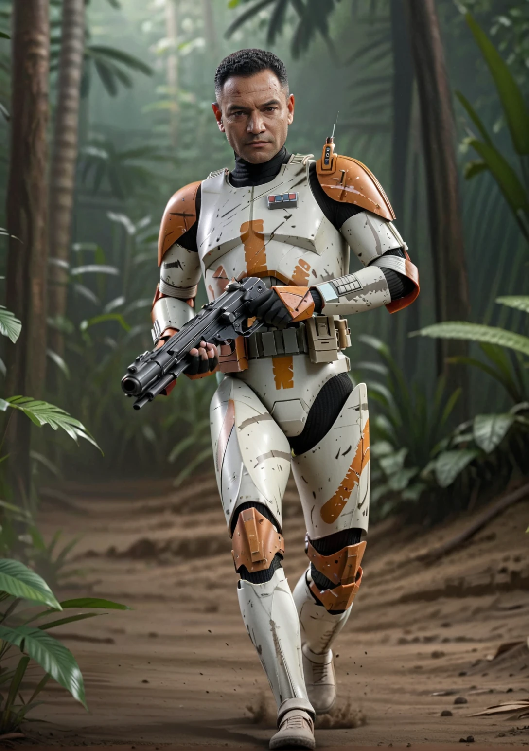 (full body shot1.5) (side view1.5) of <lora:Clone_Trooper_Cody:0.8> Clone Trooper Cody portrayed by Temuera Morrison, running and shooting handguns, his face has a serious expression, skin pores, short black hairstyle, background of a tropical jungle, <lora:Film lora:0.5> realistic film photography <lora:filmicVibesXL_v1.1:0.4> filmic, (intricately detailed:1. 2), mood, raw photo, DSLR, 8k, 4k, UHD, DSLR, high quality, soft lighting, nikon, canon