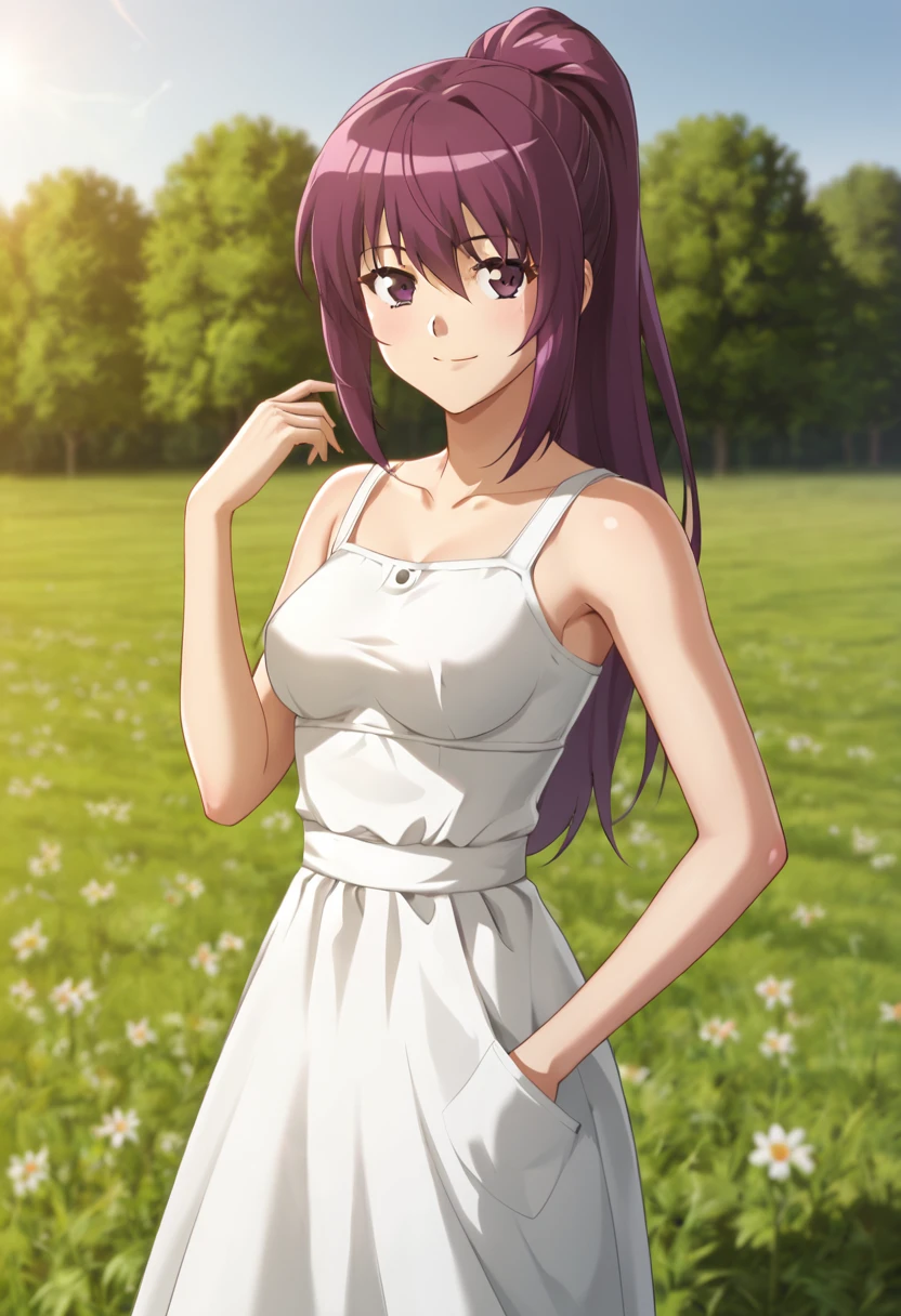 shinomiya_mai, purple hair, purple eyes, long hair, medium breasts, looking at viewer,  sundress BREAK outdoors, field of grass, sky  BREAK cowboy shot, looking at viewer, standing,closed mouth, seductive smile, BREAK best quality, masterpiece,score_9, score_8_up, score_7_up, perfect hand, source_anime, rating_explicit, <lora:Shinomiya_Mai:0.8>, ponytail