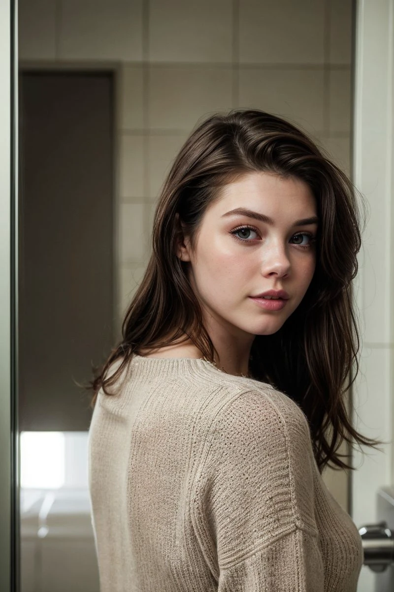 headshot of S478_EliseTrouw,a stunning woman,in a (restroom:1.1),wearing a (sweater),(4k, RAW photo, best quality, 50mm, depth of field, ultra high res:1.1),(intricate, photorealistic, cinematic-shot, masterpiece, ultra-detailed:1.1),