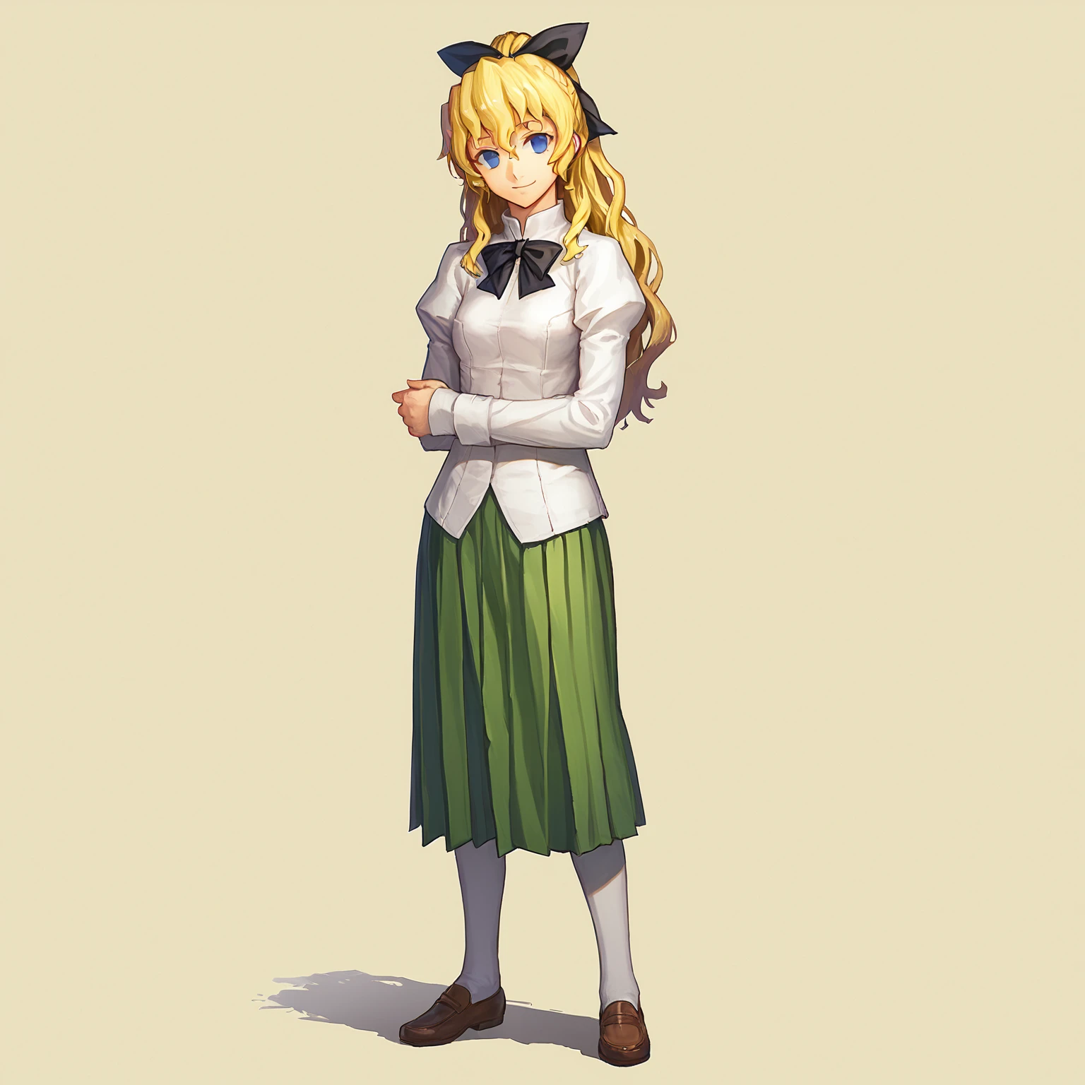 score_9, score_8_up, score_7_up,
BREAK
1girl, solo, standing, looking at viewer, full body, 
<lora:Katawa_Shoujo_charpack-000010:1>, katawa shoujo, yamaku high school uniform, 
satou lilly, long hair, blonde hair, hair bow, blue eyes, blind, 
light smile,