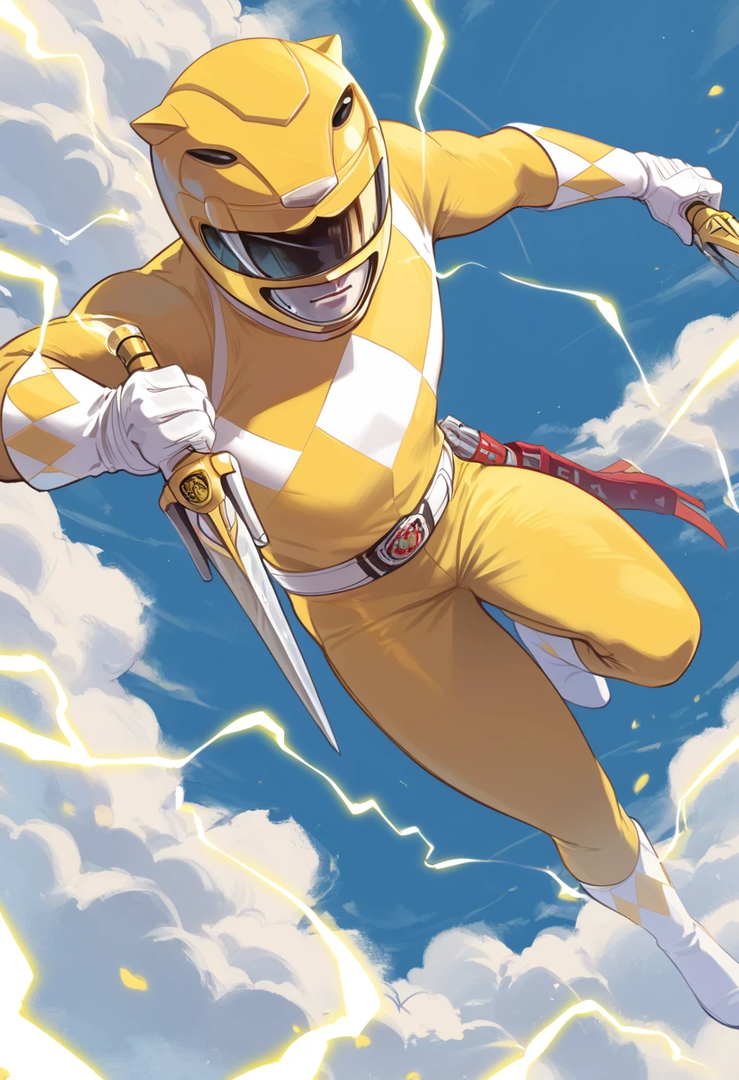 (score_9:0.9),score_8_up,score_7_up,rating_safe,anime style,(zPDXL),<lora:Yellow power ranger ponyXL v1:0.82>, yellow bodysuit, yellow power ranger, yellow motorcycle helmet, 1boy, weapon, solo, dual wielding, kunai, reverse grip, holding, 1girl, electricity, white gloves