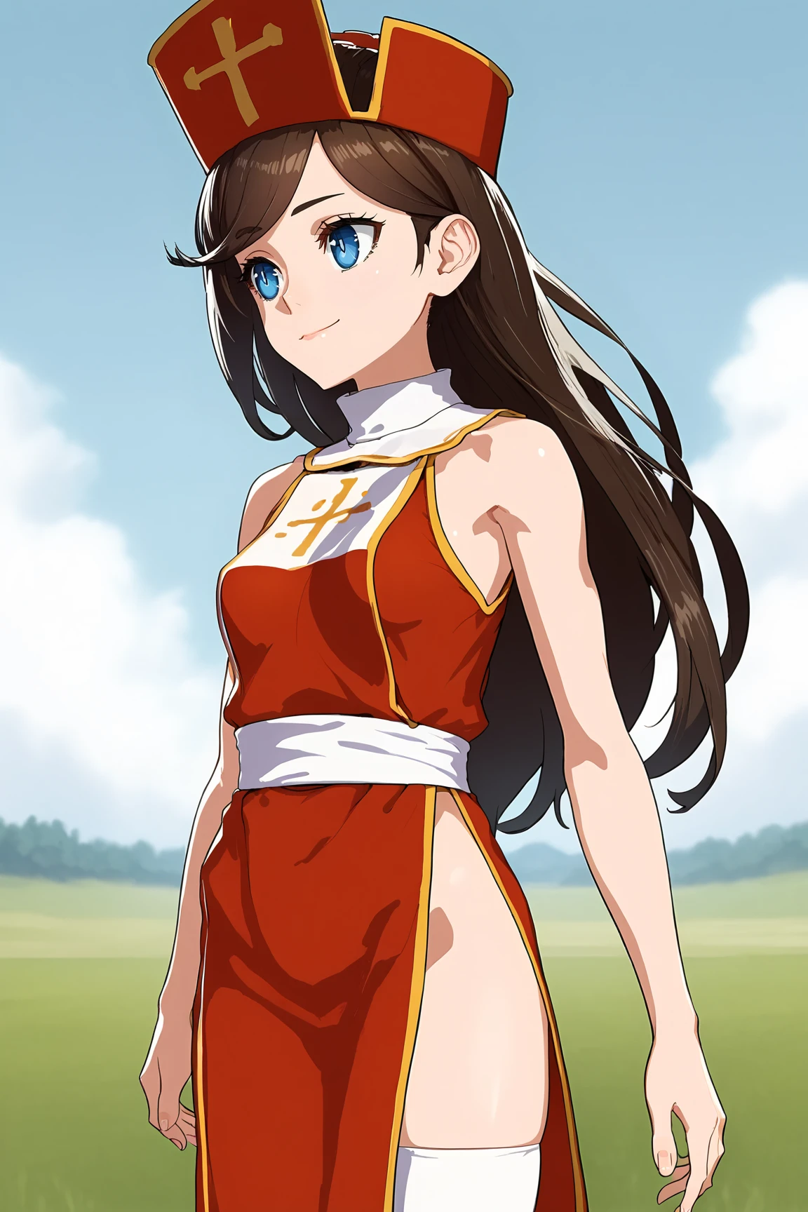 score_9, score_7_up, source_anime, solo, looking ahead,
1girl,
expressionless, smile, (troubled eyebrows:0.6),
BREAK
clericNPC, long hair, dark brown hair, hair behind ear, swept bangs, small breasts, blue eyes,
BREAK
sleeveless dress, red hat, mitre, red dress, shako cap, tabard, white thighhighs, gold trim, cross on clothing, white thin sash, white collar,
Animals in the Field,
<lora:npcKan-KurokawaSahara-locon:1>