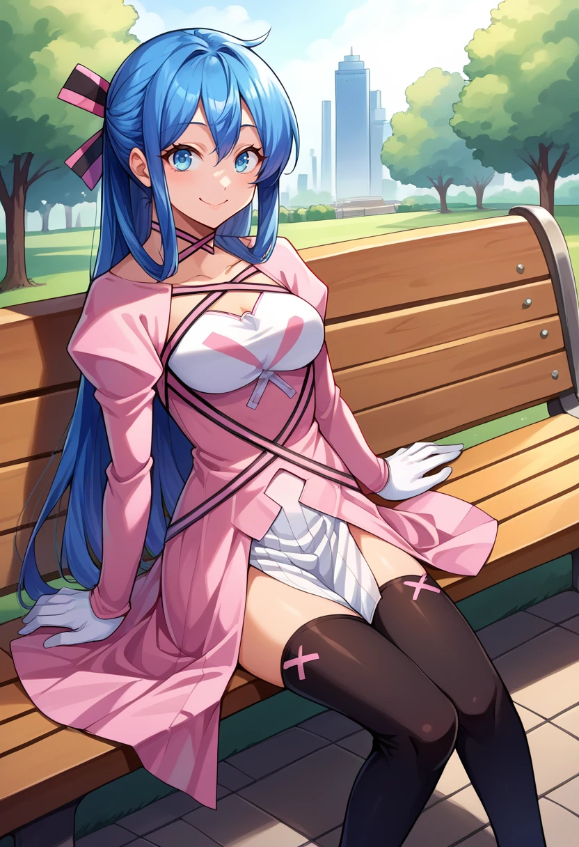 score_9, score_8_up, score_7_up, source_anime, BREAK, solo, 1girl, looking at viewer, smile, <lora:Midori-pdxl_Fp:1>, midoridesu, blue eyes, blue hair, long hair, pink dress, long sleeves, gloves, black thighhighs, sitting, park, bench