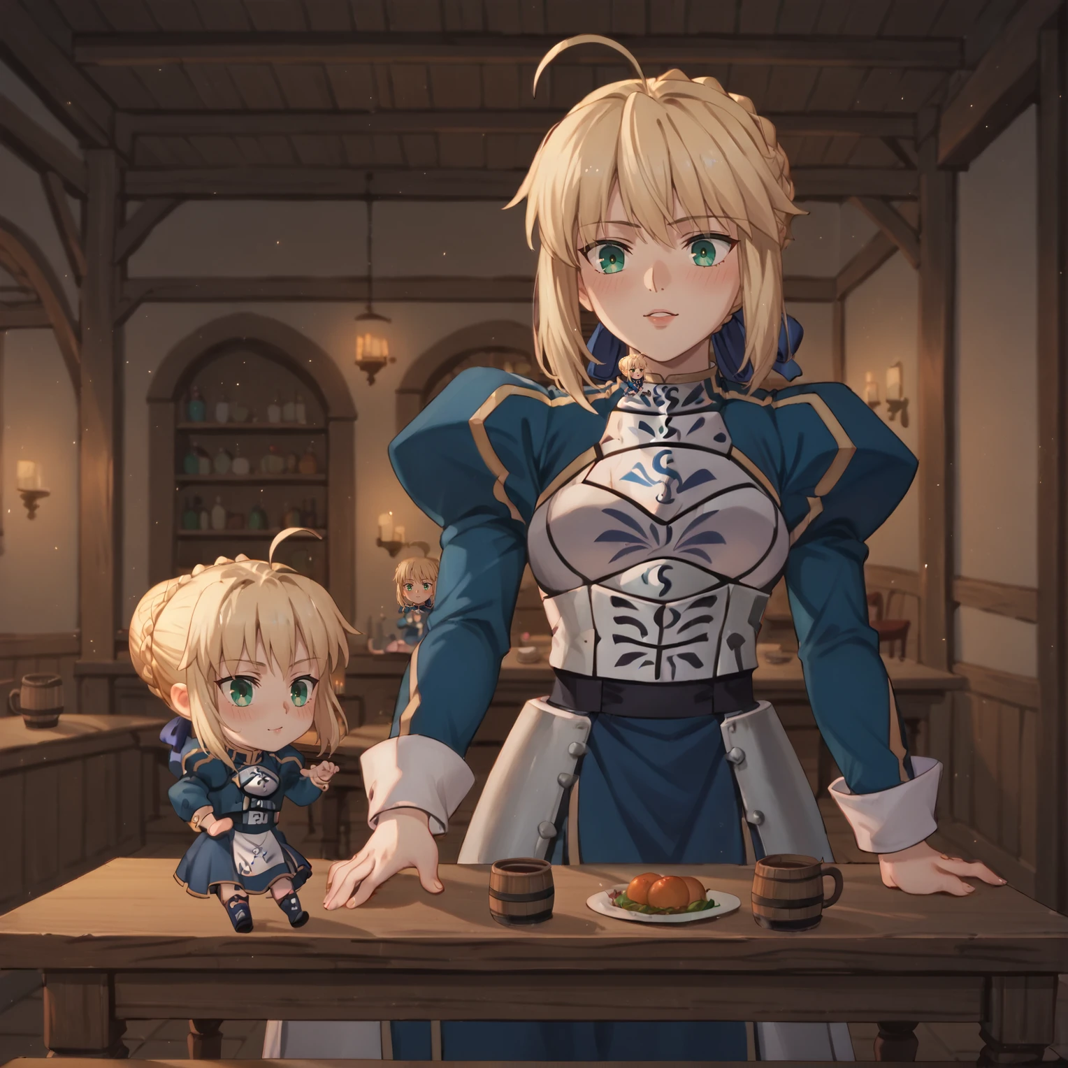 2girls, <lora:Character_Hanging_Out_With_Chibi_Version_Of_Themselves:0.8>, chibihangout, size difference, minigirl, chibi, <lora:artoria-pendragon-hf-ponyxl-lora-nochekaiser:0.7>, artoria pendragon, artoria pendragon \(fate\), saber, blonde hair, green eyes, ahoge, sidelocks, indoors, standing on table, tavern, BREAK score_9, score_8_up, score_7_up, best quality, masterpiece, 4k, prefect lighting, very aesthetic, anime, zPDXL2,