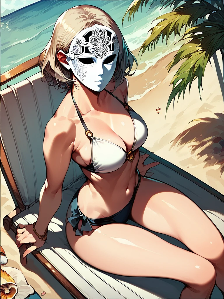 score_9,score_8_up,score_7_up,source_anime,1girl,<lora:whitemask:1>,white mask,bikini,sitting,beach,looking at viewer,beach chair,