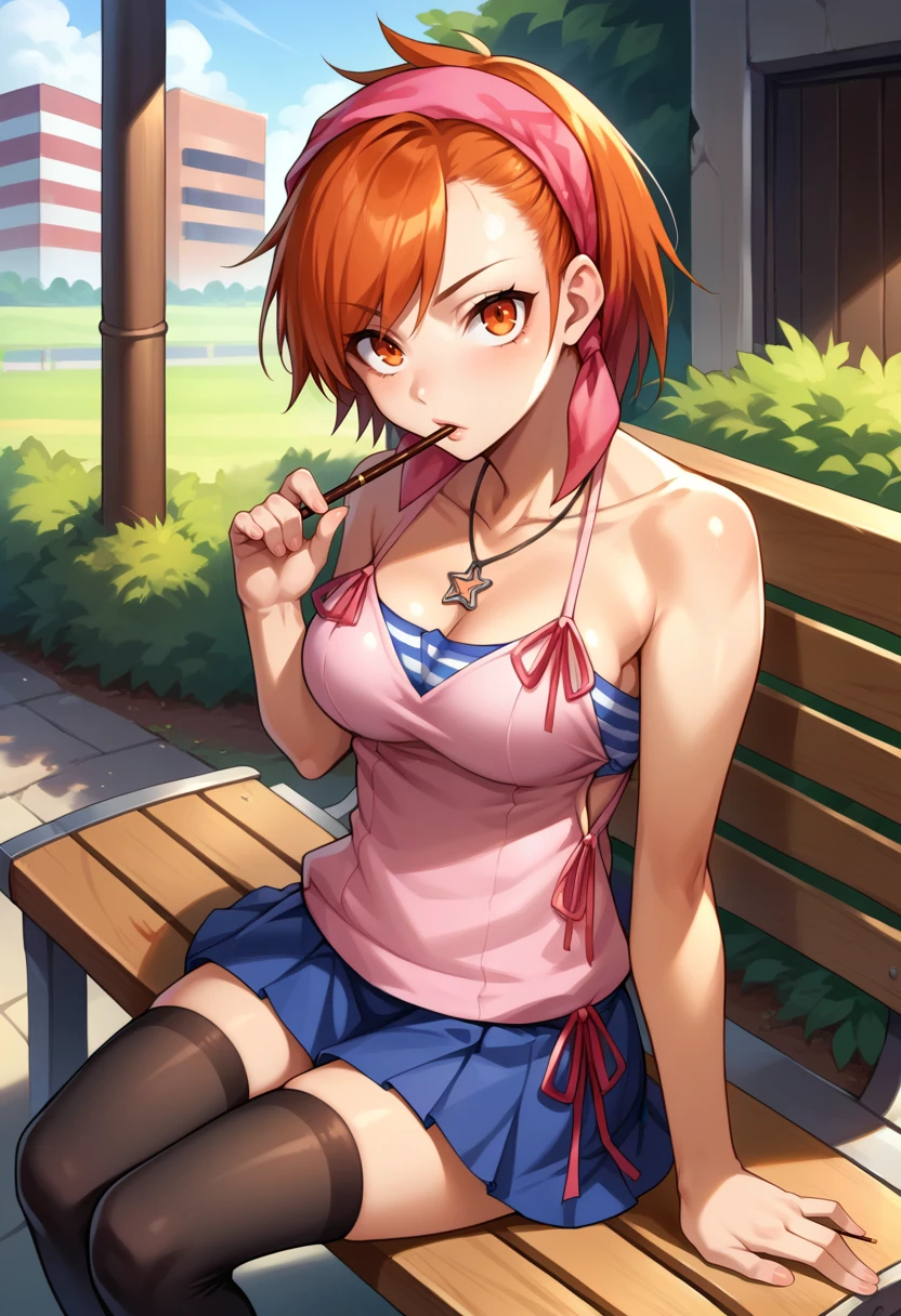 score_9, score_8_up, score_7_up, source_anime, BREAK, solo, 1girl, looking at viewer,  <lora:Yuzu-pdxl_Fp:1>, yuzudesu, orange hair, orange eyes, short hair, bandana, camisole, tube top, necklace, black thighhighs, skirt, sitting, pocky, outdoors, bench, holding pocky,