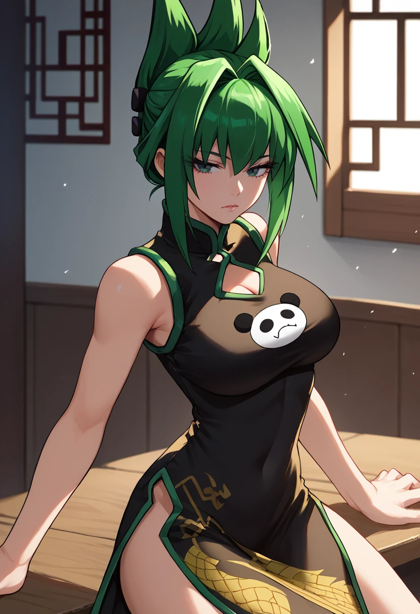 score_9,  score_7_up,  1girl, solo, Jun, green hair, green eyes, large breasts,  updo, spiky hair, black china dress, <lora:Tao Jun-000009:1>