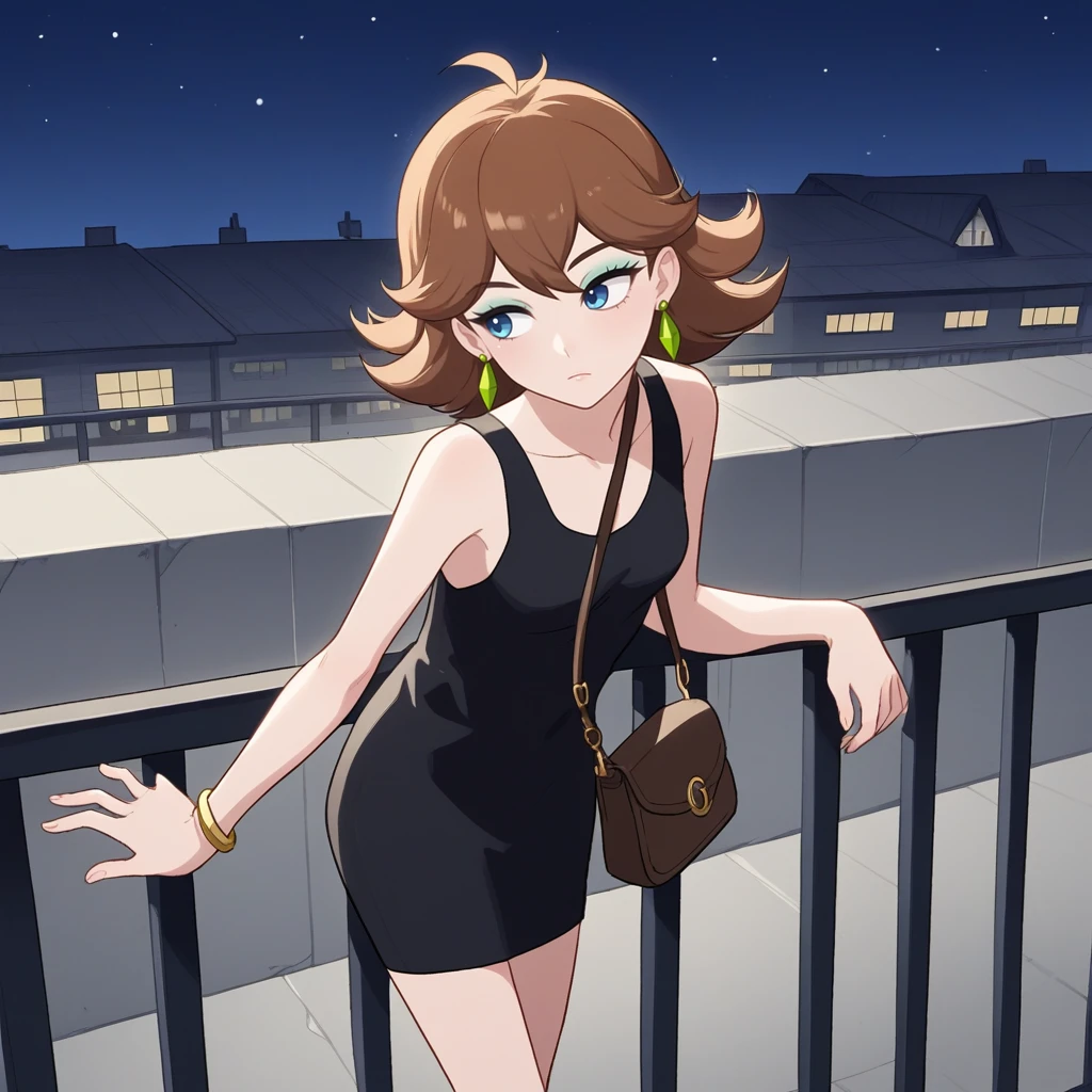 score_9, score_8_up, score_7_up, score_6_up, score_5_up, score_4_up, zPDXL2,source_anime,rating_questionable,  night time, rooftop, 1girl, solo, looking at away, black dress, purse, leaning over railing<lora:Honey_-_Pokemon_SWSH:0.8> honey_pkmn, 1girl,blue eyes, jewelry, brown hair, earrings, flipped hair, makeup,