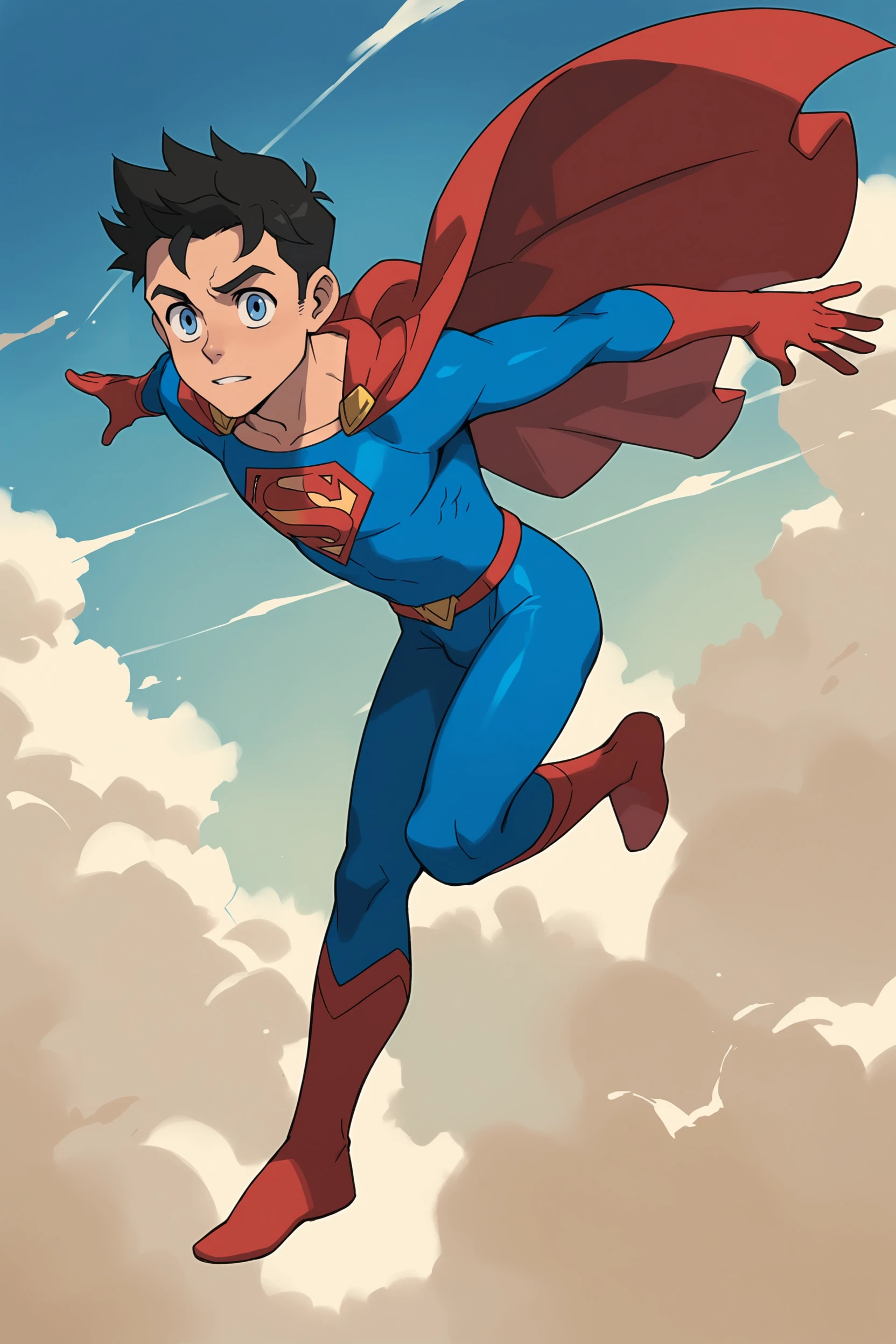 source_cartoon, score_9, score_8_up, score_7_up, score_6_up, score_5_up, score_4_up <lora:Superboy_My_Adventures_with_Superman:0.7> superboix, 1boy, black hair, blue eyes, parody, young, male , flying in the air, full body, blue sky, superman suit, "S" on chest