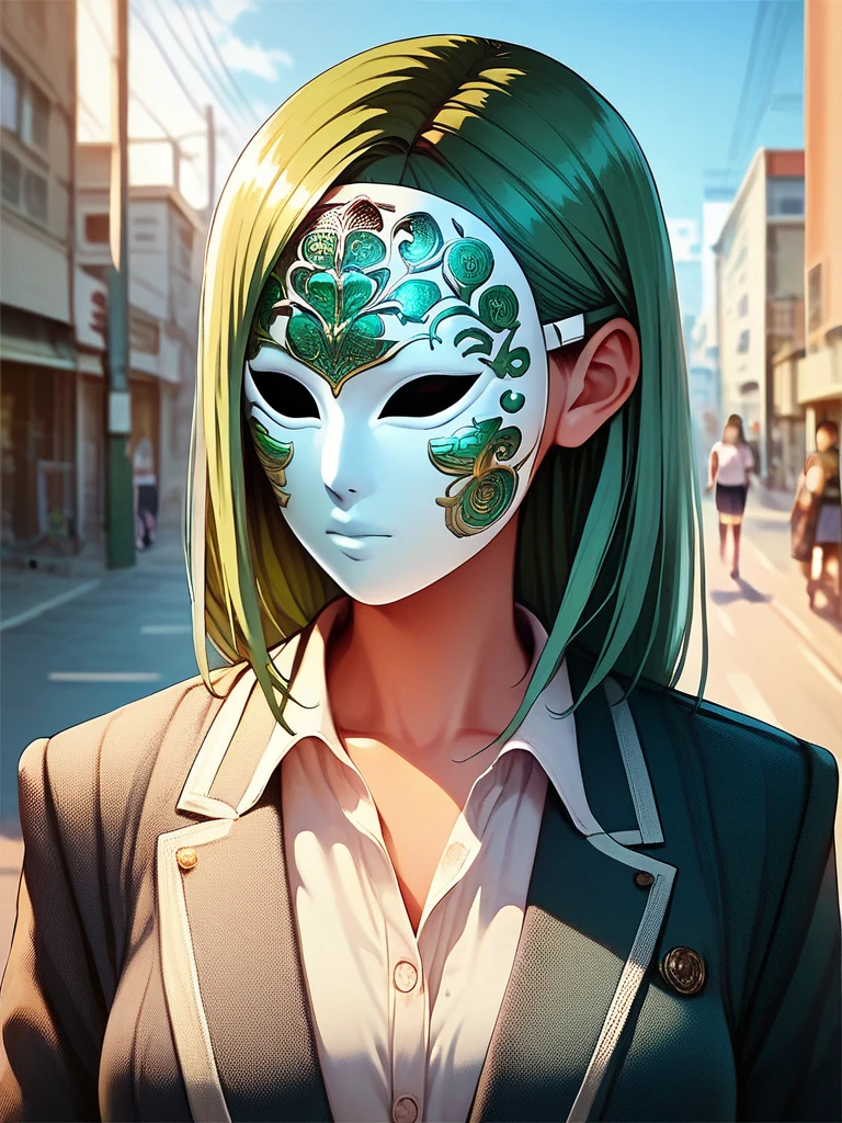 score_9,score_8_up,score_7_up,source_anime,1girl,<lora:whitemask:1>,white mask,green hair,school uniform,street,walking,upper body,gyaru,