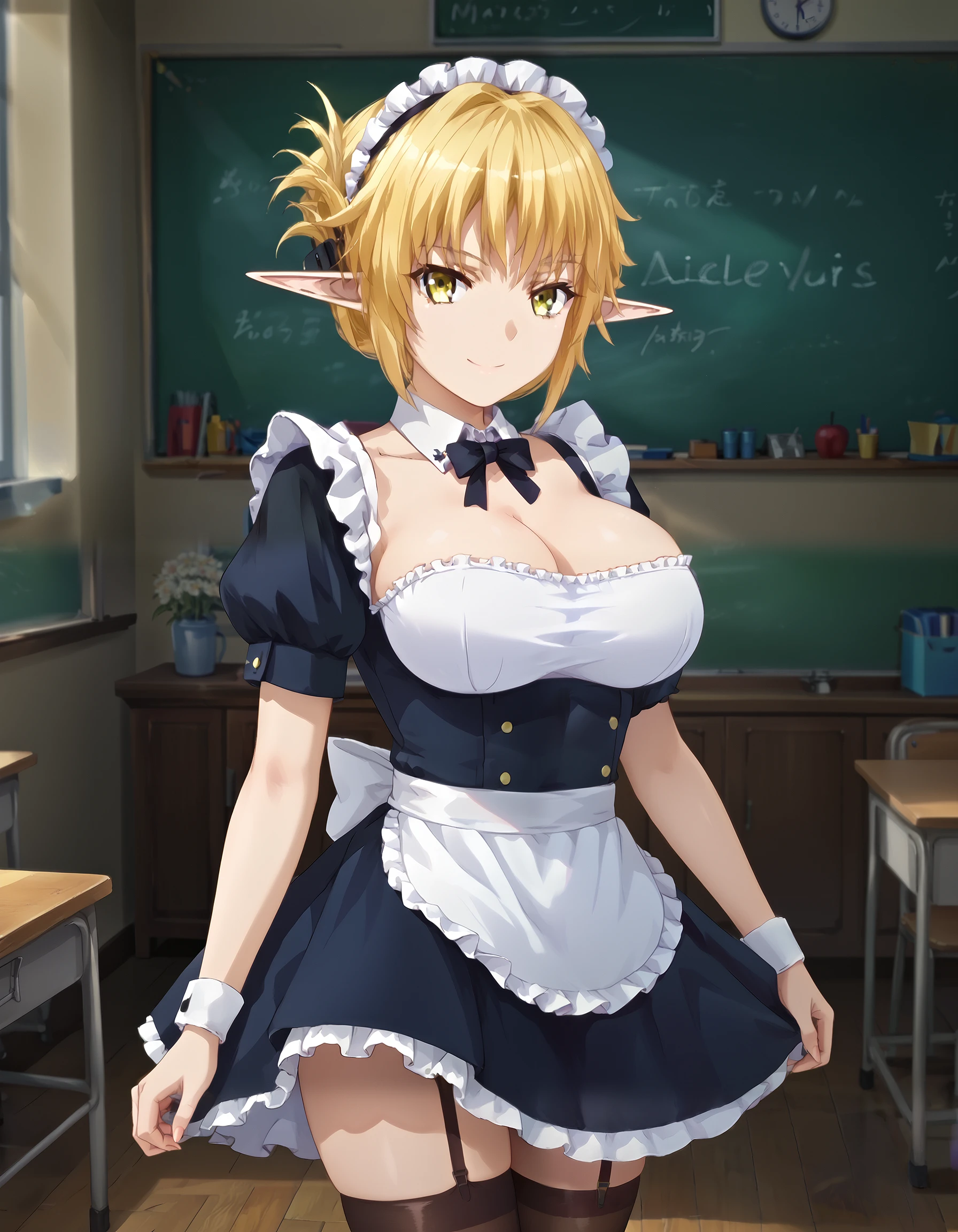 score_9, score_8_up, score_7_up, masterpiece, absurdres, source_anime, (perfect anatomy), good_hands,

1girl, solo, Aegis, blonde, short hair, hair bun, yellow eyes, elf ears, big breast,
maid dress, black dress, white apron, black thighhighs, strapless,

indoors, classroom, stand up,
smiling, sexy pose, looking at viewer, cowboy shot,