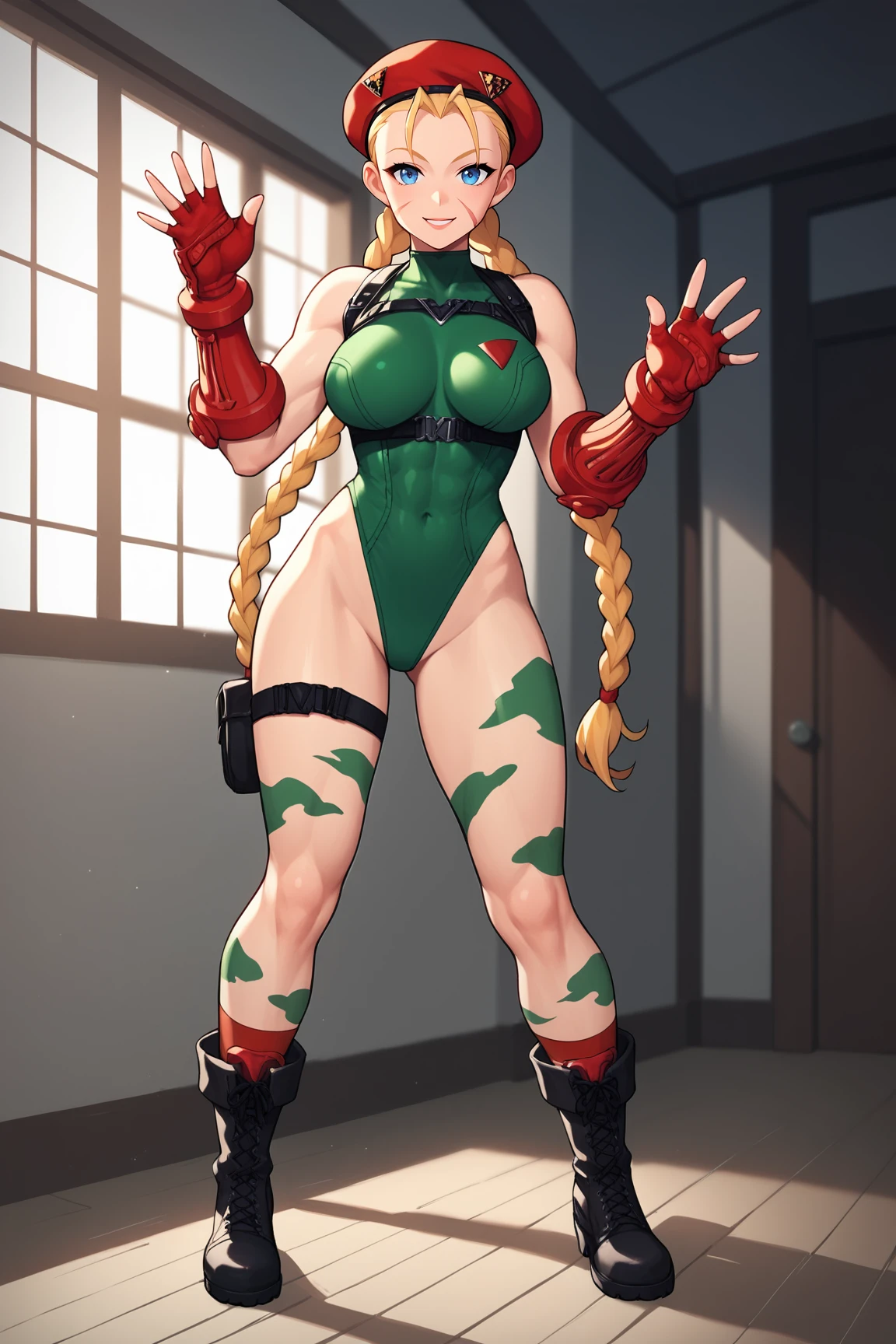 anime_source, (masterpiece), best quality, expressive eyes, perfect face, score_9, score_8_up, score_7_up, anime_source, (masterpiece), best quality, expressive eyes, perfect face, score_9, score_8_up, score_7_up, 1girl, bare shoulders, beret, blonde hair, blue eyes, bodypaint, bracer, braid, cammy white, camouflage, deep skin, fingerless gloves, gloves, green leotard,mature, hat, highleg leotard, leotard, long hair, scar, solo, thong leotard, toned, twin braids, thick thights, masculine, big breast, adult, combat boots, standing, looking back, view from back, holding own ass, big round ass, ass, blurry background