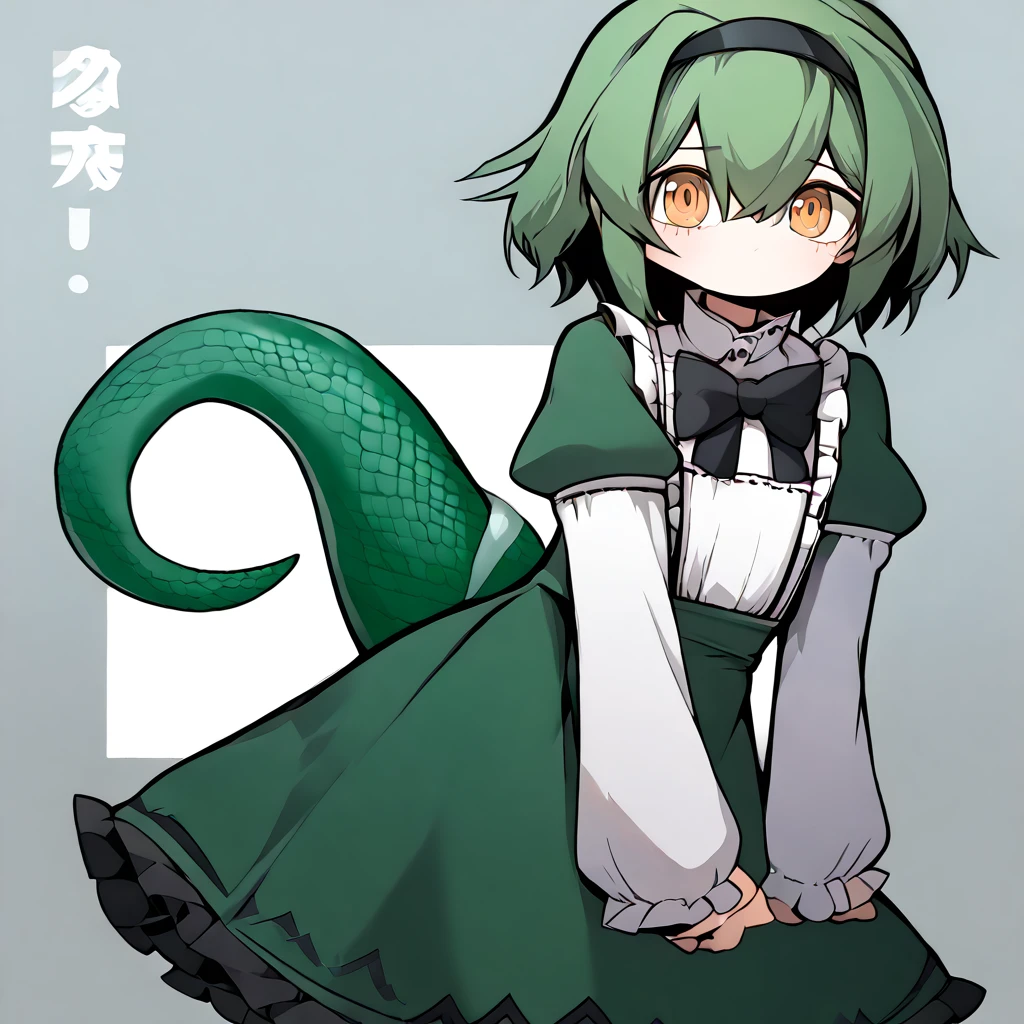 <lora:Zannnenn1:1>,     <lora:bill BS2pony:0.8> bill2w, solo, green hair, lizard tail, tail, bang, hair between eyes, otoko no ko, 1boy, short hair, orange eyes,  , juliet sleeves, puffy sleeves, bowtie, black bow, green dress,  frills,  crossdressing, black hairband, long sleeves, hairband, bow, dress,