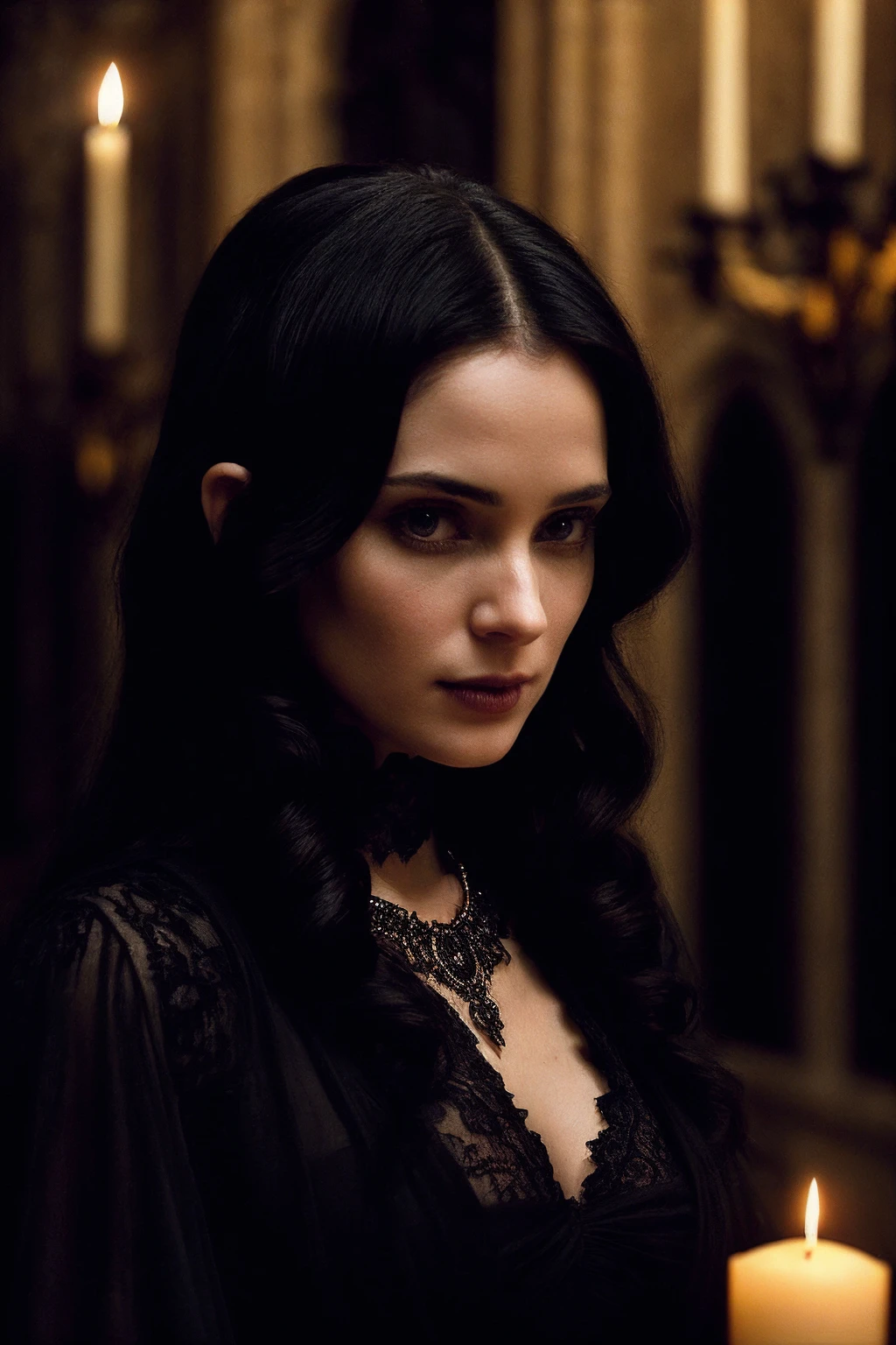 WinonaR_SoloTI_v1,
(In a luxurious, Victorian-style gown with intricate lace and velvet details, with dark, flowing hair and a hauntingly beautiful expression, for an ethereal and gothic look), (Amidst the shadowy, candle-lit corridors and opulent chambers of a decaying castle, where the allure of immortality and the dread of ancient evil create an atmosphere of eerie seduction and terror:1.3), (gothic:1.3),(analog, cinematic, deep shadows, rich colors, atmospheric shot:1.3),
<lora:add_detail:0.6> epiCPhoto, PA7_Portrait-MCU,