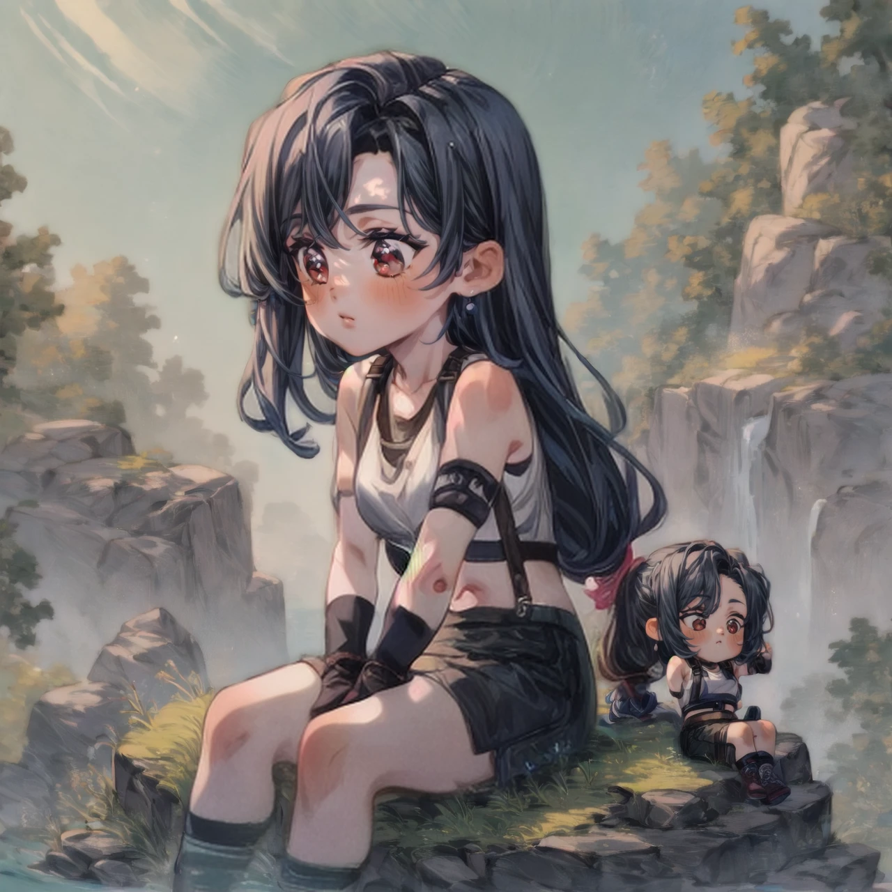 2girls, <lora:chibihangout:0.8>, chibihangout, chibi, size difference, minigirl, outside, sitting on rock, <lora:tifa-nvwls-v2:0.7>, defTifa, red eyes, low-tied long hair, black hair, earrings, white crop top, suspenders, black miniskirt, pencil skirt, arm warmers, elbow gloves, elbow pads, red gloves, very detailed, <lora:more_details:0.6>, high quality, highres, masterpiece, best quality, 8k, intricate, detailed, <lora:add_detail:0.6>