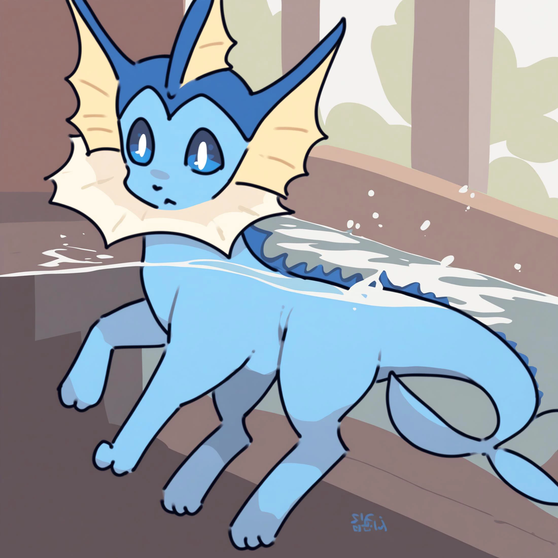 art by dross, a slender blue kobold with wide hips. he looks down at the camera, hands on his hips, and he has an erect long , view from below