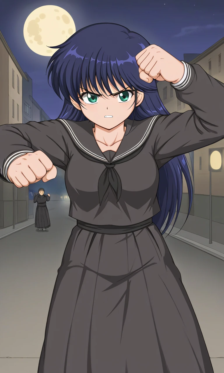 1girl, solo, ayukawa_madoka, blue hair, long hair, green eyes, black shirt, long sleeves, black skirt, long skirt, school uniform, standing, outdoors, street, night, moon, serious, clenching teeth, fighting stance, dynamic pose,