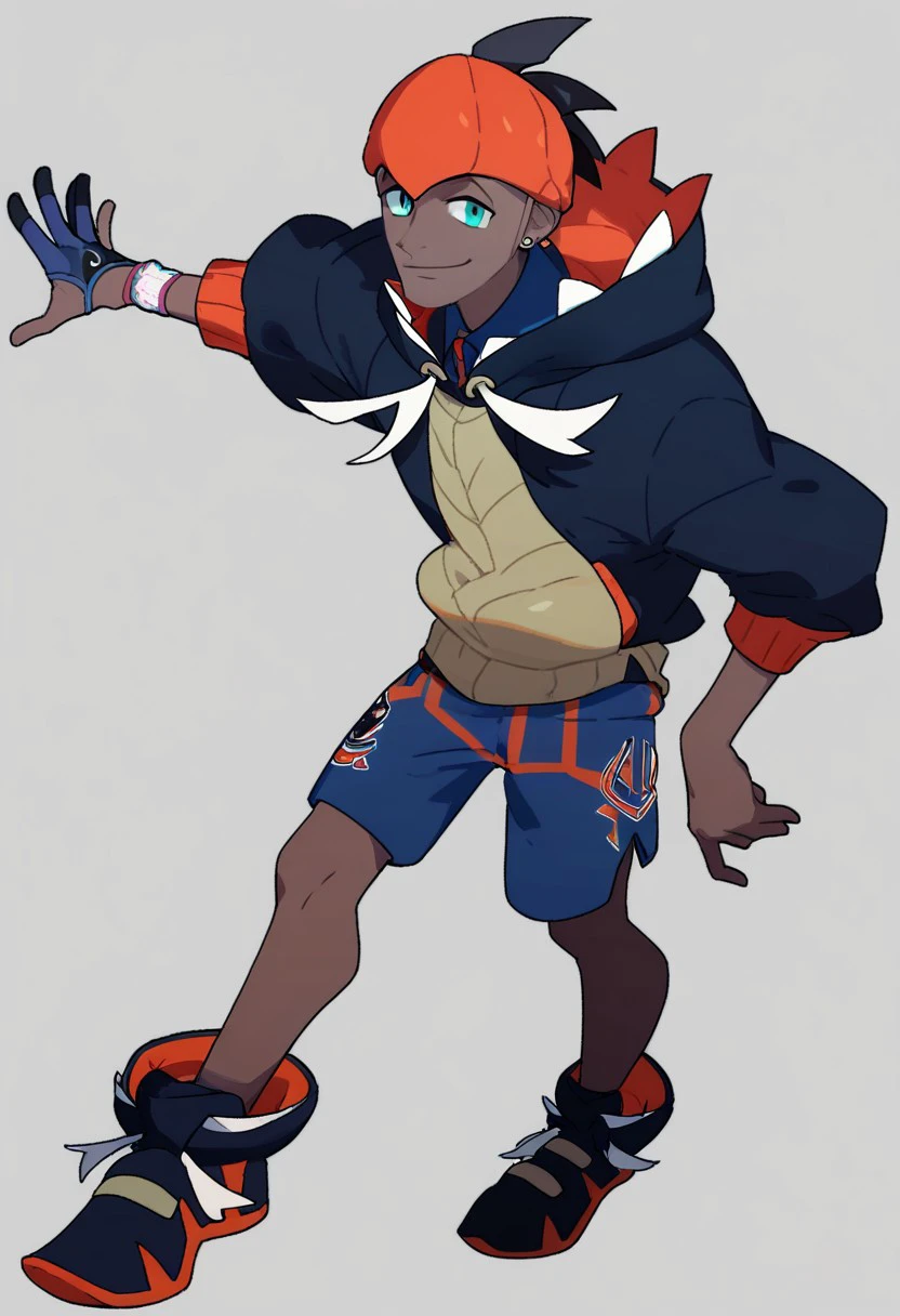 score_9, score_8_up, score_7_up, score_6_up, score_5_up, score_4_up, 1boy, raihanss, solo, standing, full body, smile, dark-skinned male, dark skin, short hair, undercut, aqua eyes, orange headwear, orange headband, headband, earrings, jewelry, black hoodie, hoodie, hood, hood down, shirt, collared shirt, gloves, single glove, dynamax band, partially fingerless gloves, shorts, blue shorts, side slit, side slit shorts, shoes, black footwear,