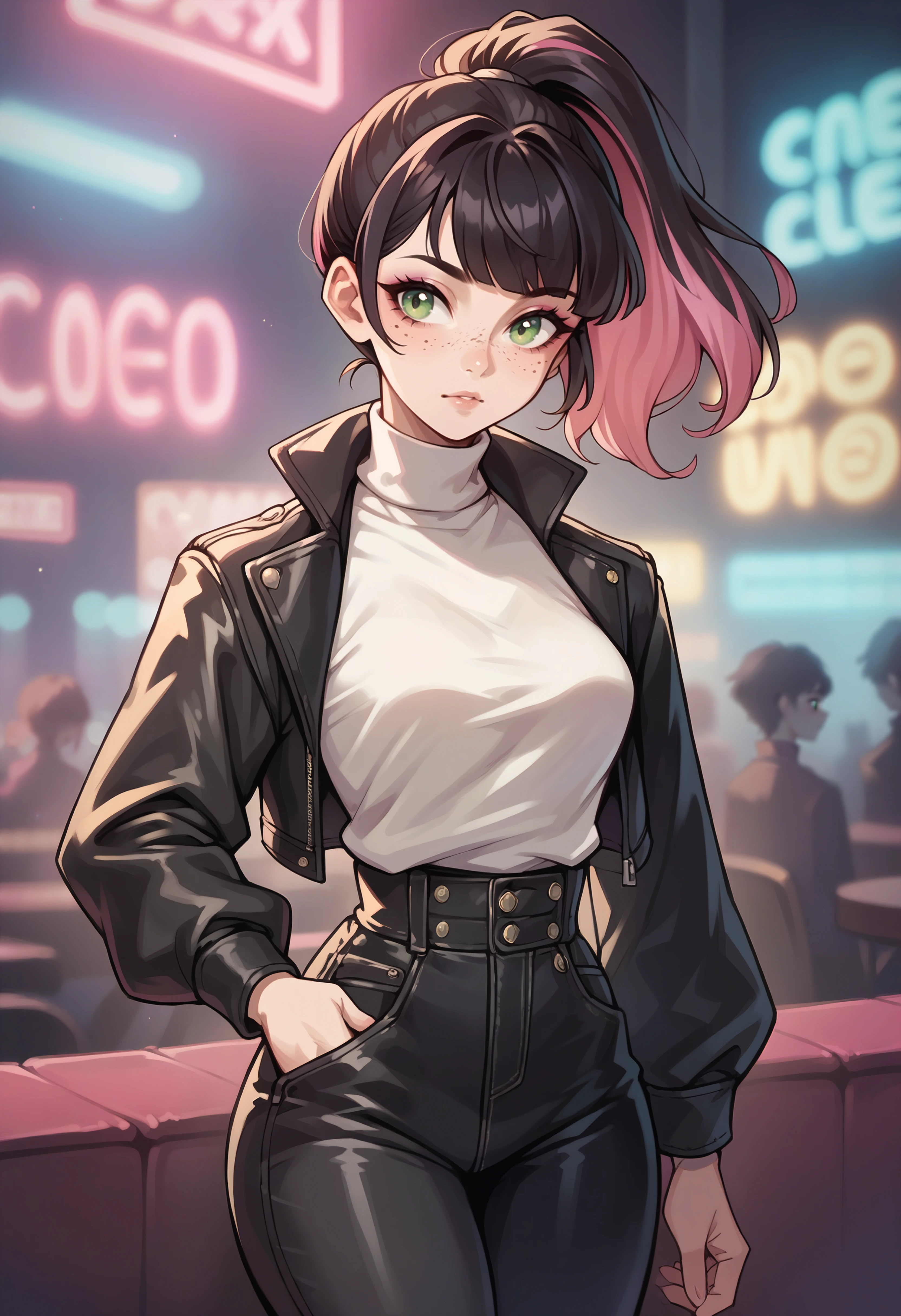 score_9, score_8_up, score_7_up BREAK solo, 1girl, cowboy shot, nightclub, neon lights, bokeh, depth of field, black hair, pink dyed hair, ponytail, bangs, green eyes, freckles, makeup, leather jacket, turtleneck, high waist pants