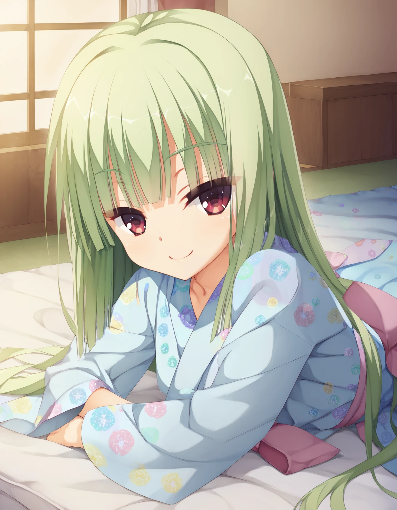 (score_9,score_8_up,score_7_up),source_anime,best quality,masterpiece,
1girl,solo,
indoors,bed,smile,looking at viewer,lying,on_stomach,upper_body,
murasame,yuzu-soft,green_hair,very_long_hair,red_eyes,sidelocks,blunt_bangs,blunt_ends,hime_cut,flat_chest,
murasame_pajamas,pajamas,straight_hair,japanese_clothes,yukata,short_yukata,kimono,blue_kimono,long_sleeves,wide_sleeves,print_kimono,floral_print,pink_bow,